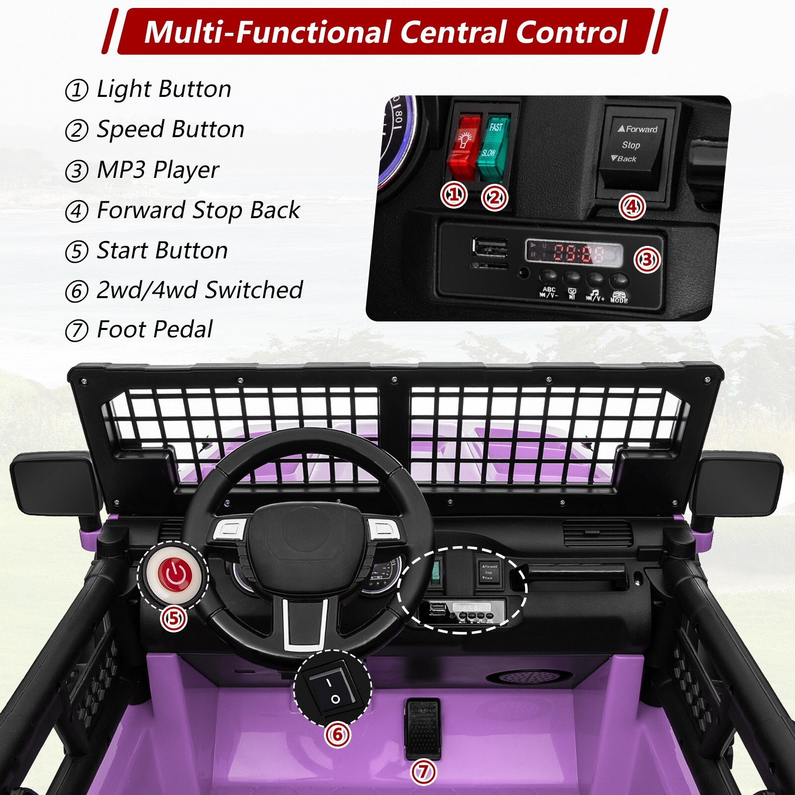 ZEOPHOL Ride on Car 24V 4WD/2WD Switchable 2 Seater Kids Electric Truck Purple