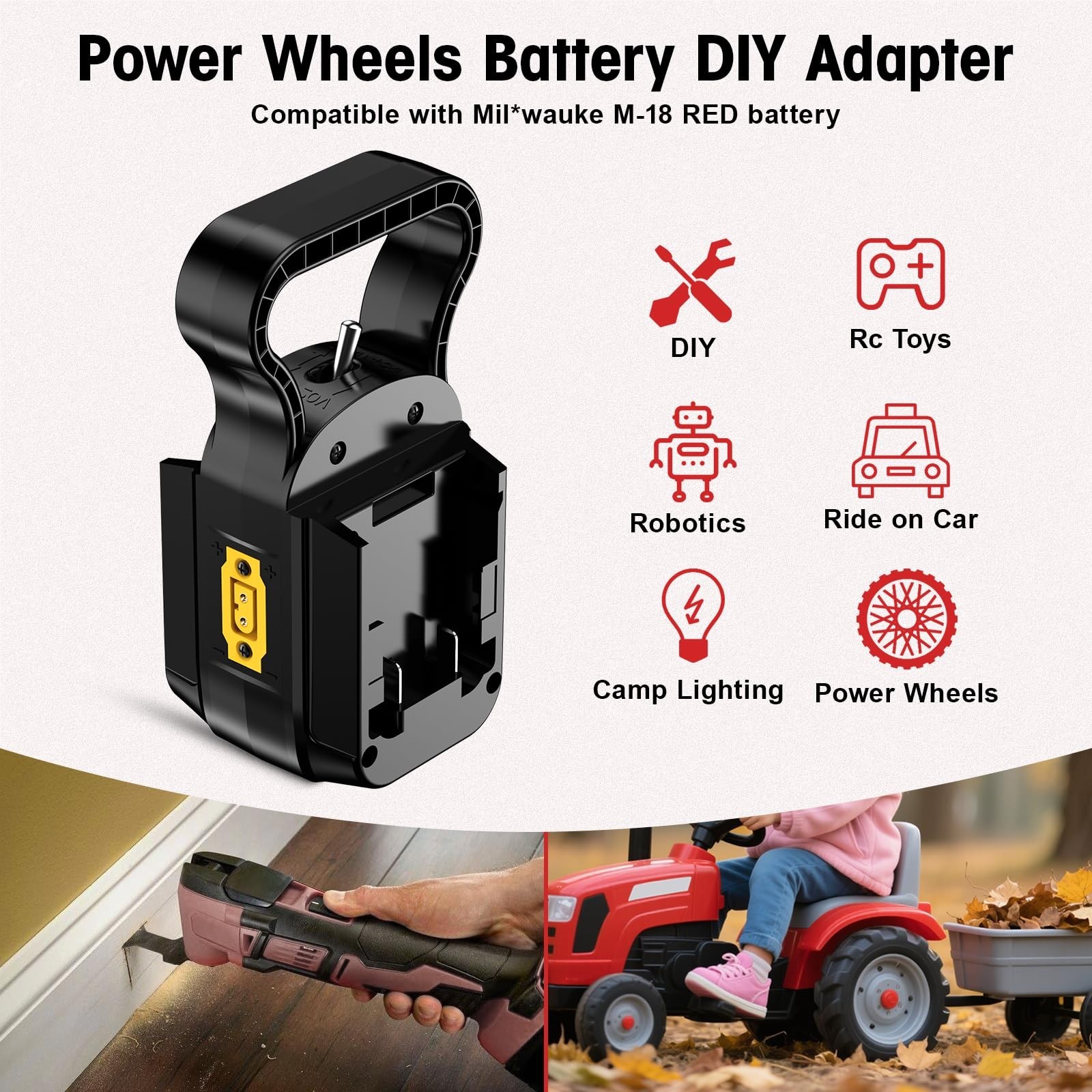2-in-1 Power Wheels Battery Adapter for Milwaukee M18 18V/36V, On/Off Switch, 14