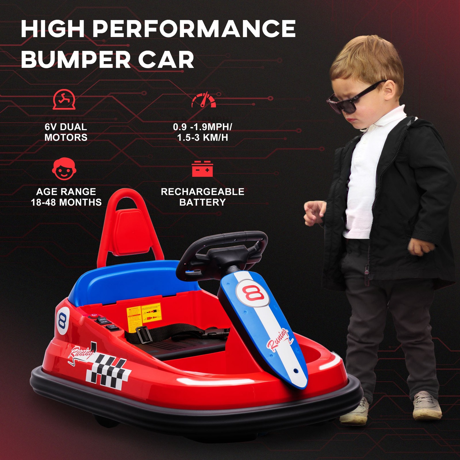 Bumper Car for Kids, 360° Rotation 6V Electric Ride on Bumper, Red