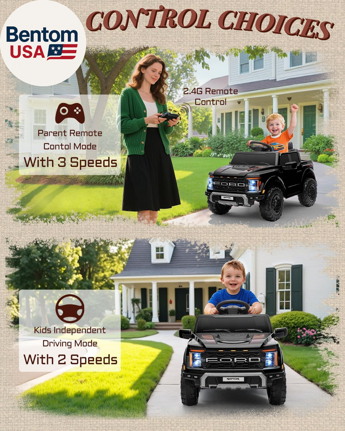 12V Licensed Ford F-150 Raptor Kids Ride on Toy, Ride on Truck with Parent Remot