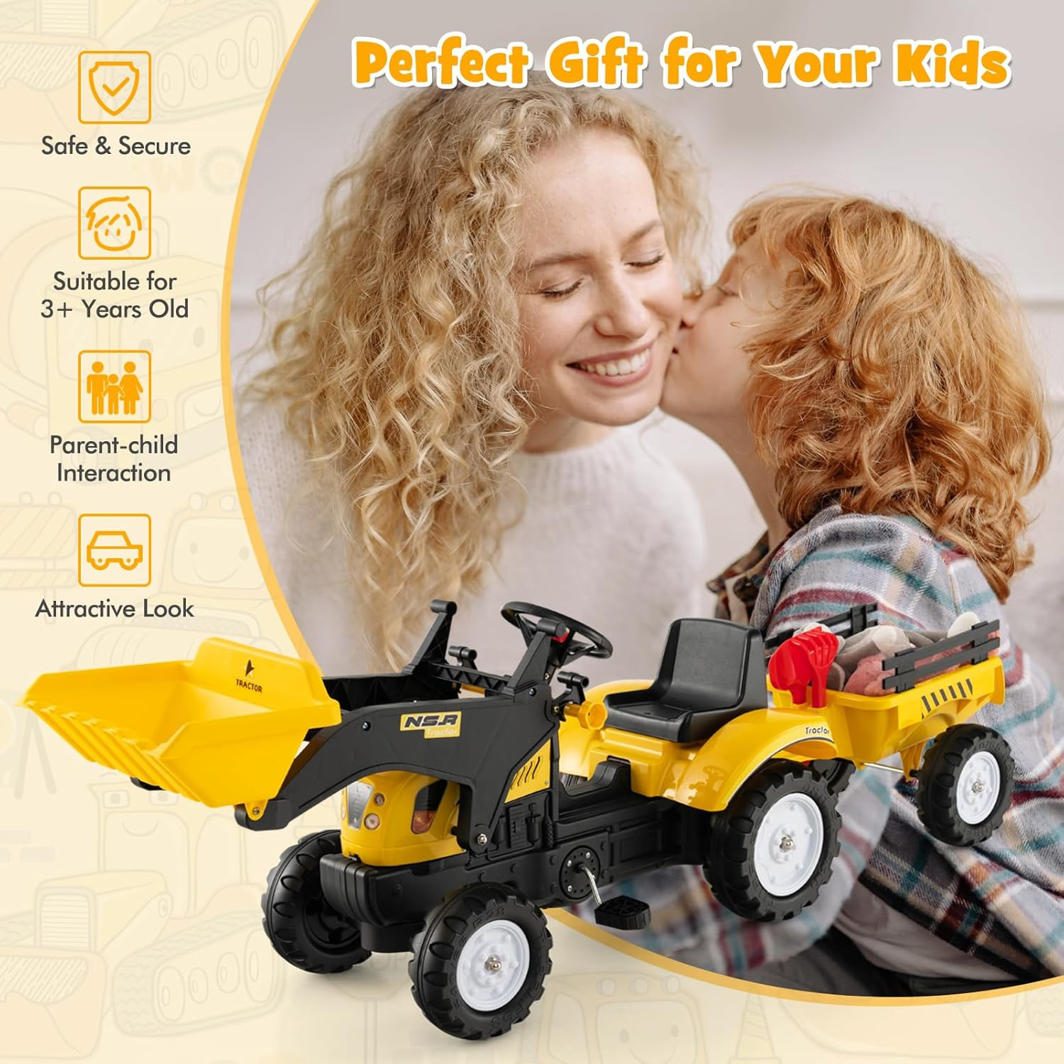 Kids Ride on Excavator, Pedal Digger Car Bulldozer with Manual Control Bucket, D