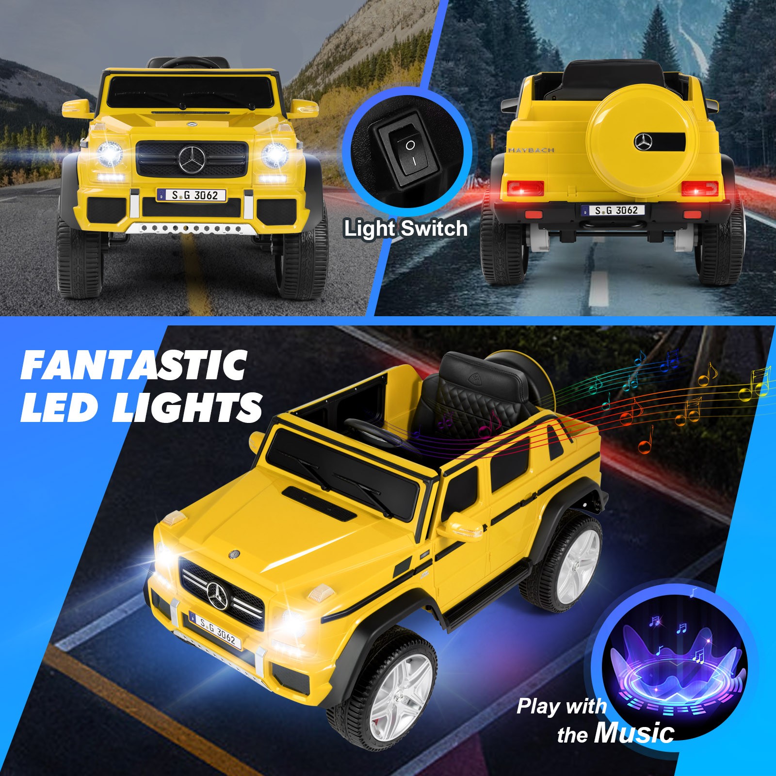 New 12V Battery Kids Yellow Ride On Mercedes-Benz Car w/3 Speed,LED,Music,Remote