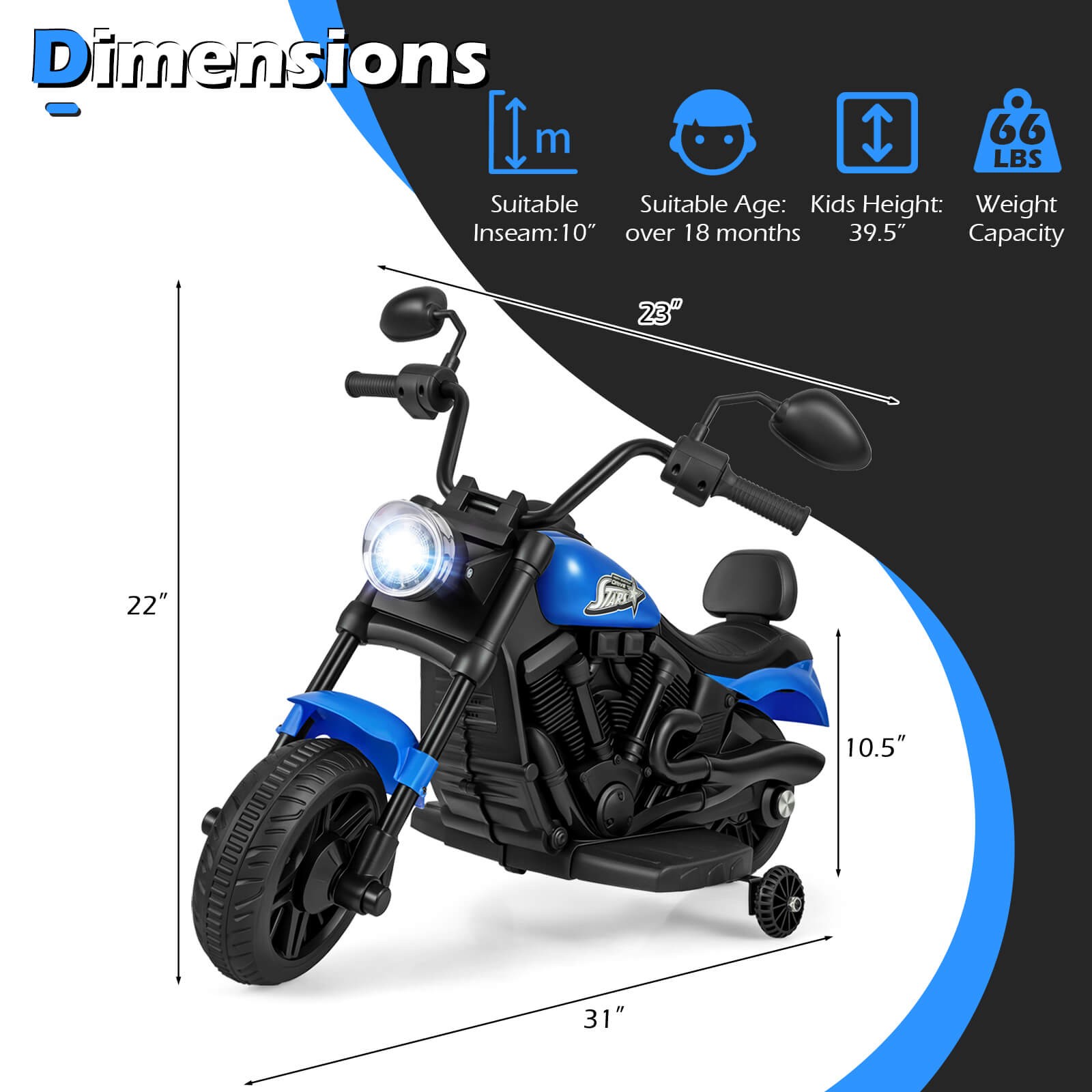 Kids Motorcycle w/Headlight, Music, Training Wheels, Foot Pedal for Boys Girls