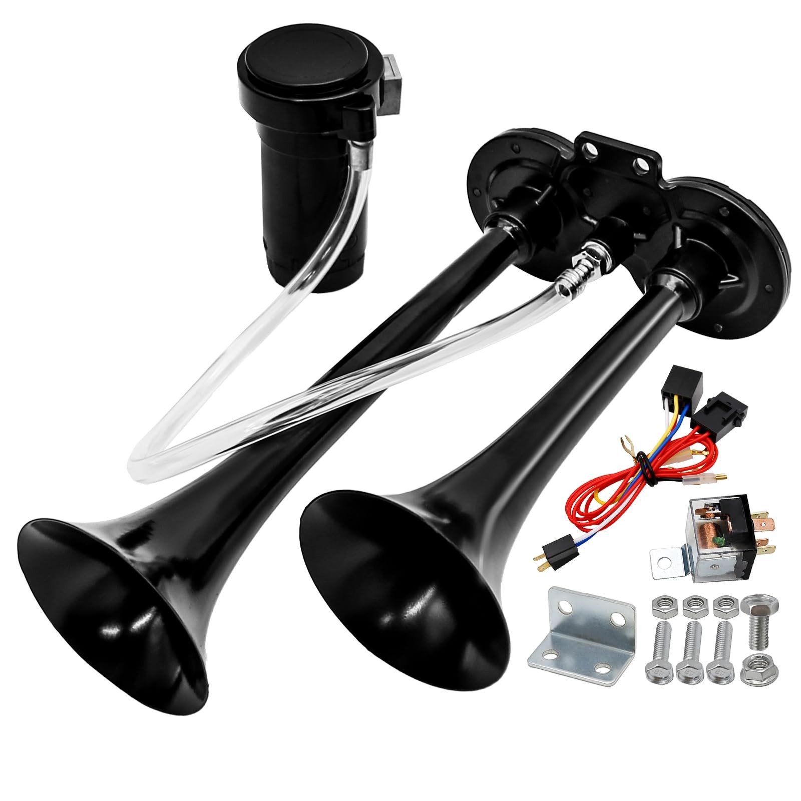 Black Dual 12V Air Horn Kit 150DB Train Horns 120 PSI Compressor Vehicles
