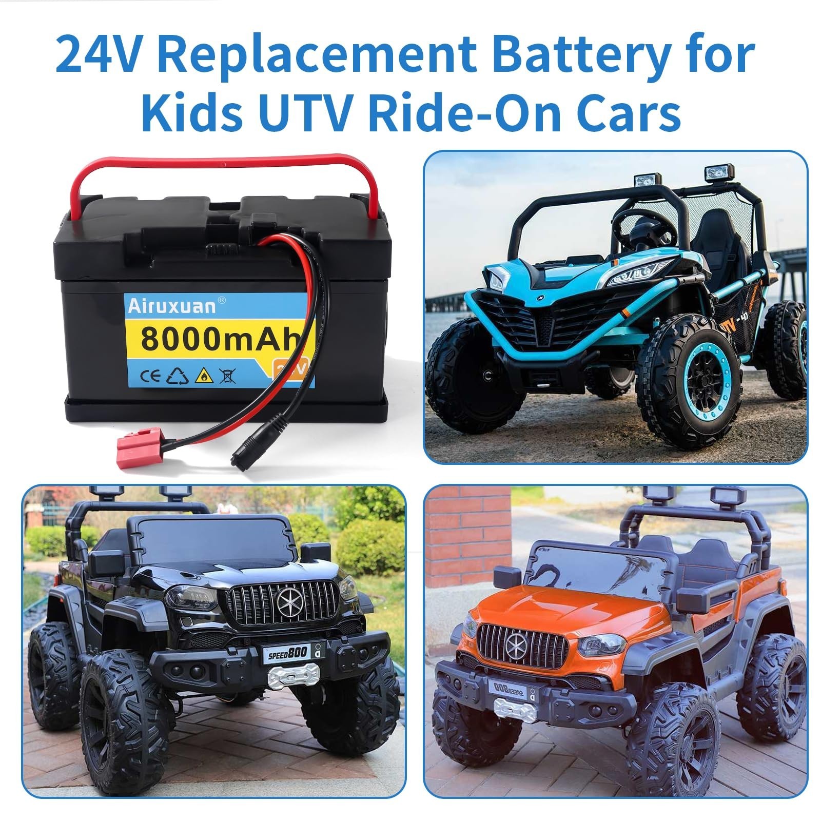 24V 8Ah Lithium Battery for Kids Ride-On Cars, 25A BMS, 2A Charger, Compatible U