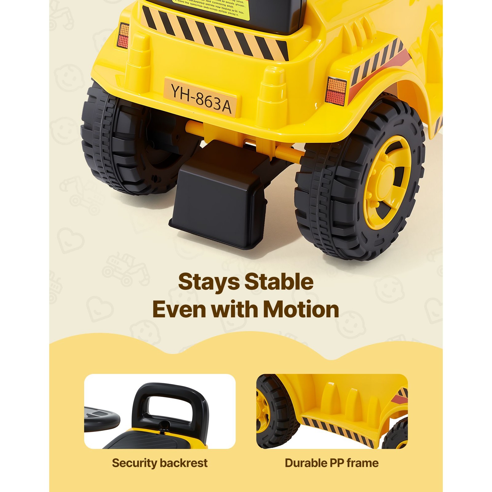 Lightweight (7.4lb) Excavator Ride-On Toy with Backrest & Anti-Tip Design