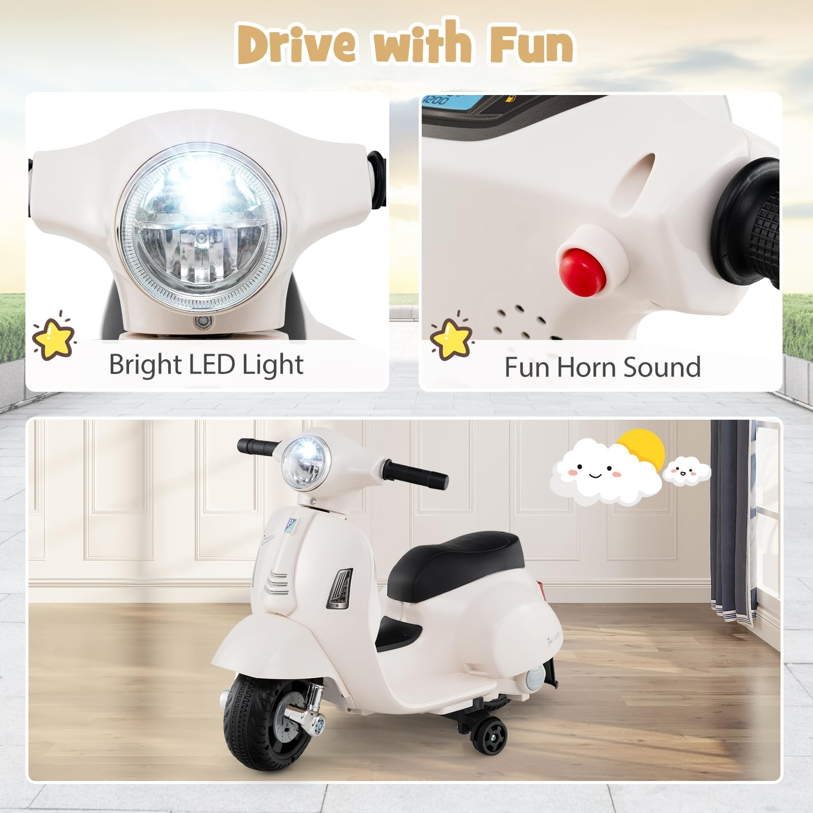 Costzon Toddler Motorcycle Licensed Vespa Ride On Motorcycle Training Wheels