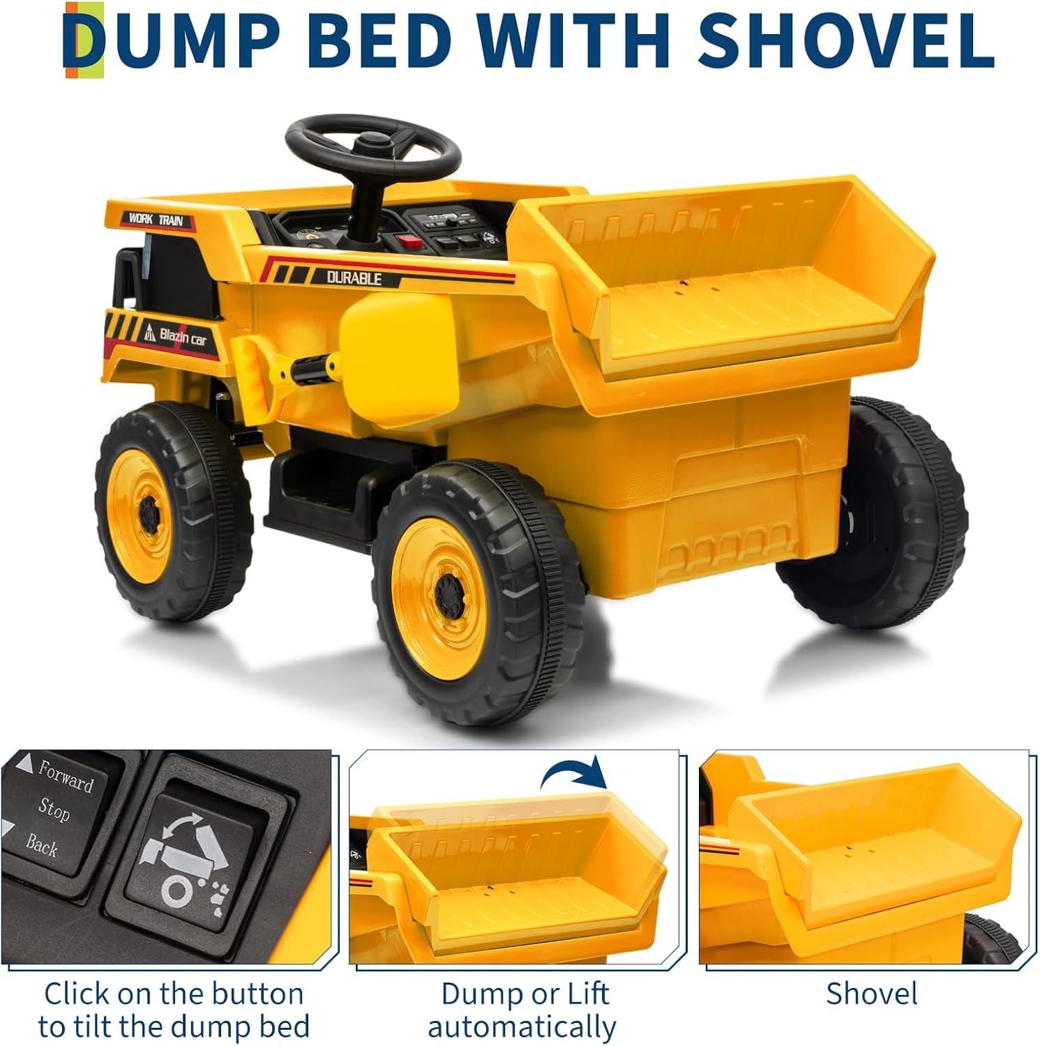 12V Ride On Dump Truck w/ Remote, Auto-Dump Bed, Shovel & Music for Kids 3-8