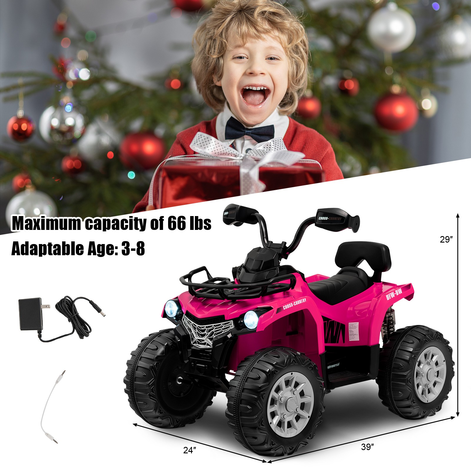 12V 2 Speeds Kids Ride ATV Electric 4-Wheeler Quad w/ Mp3 & Headlights Pink