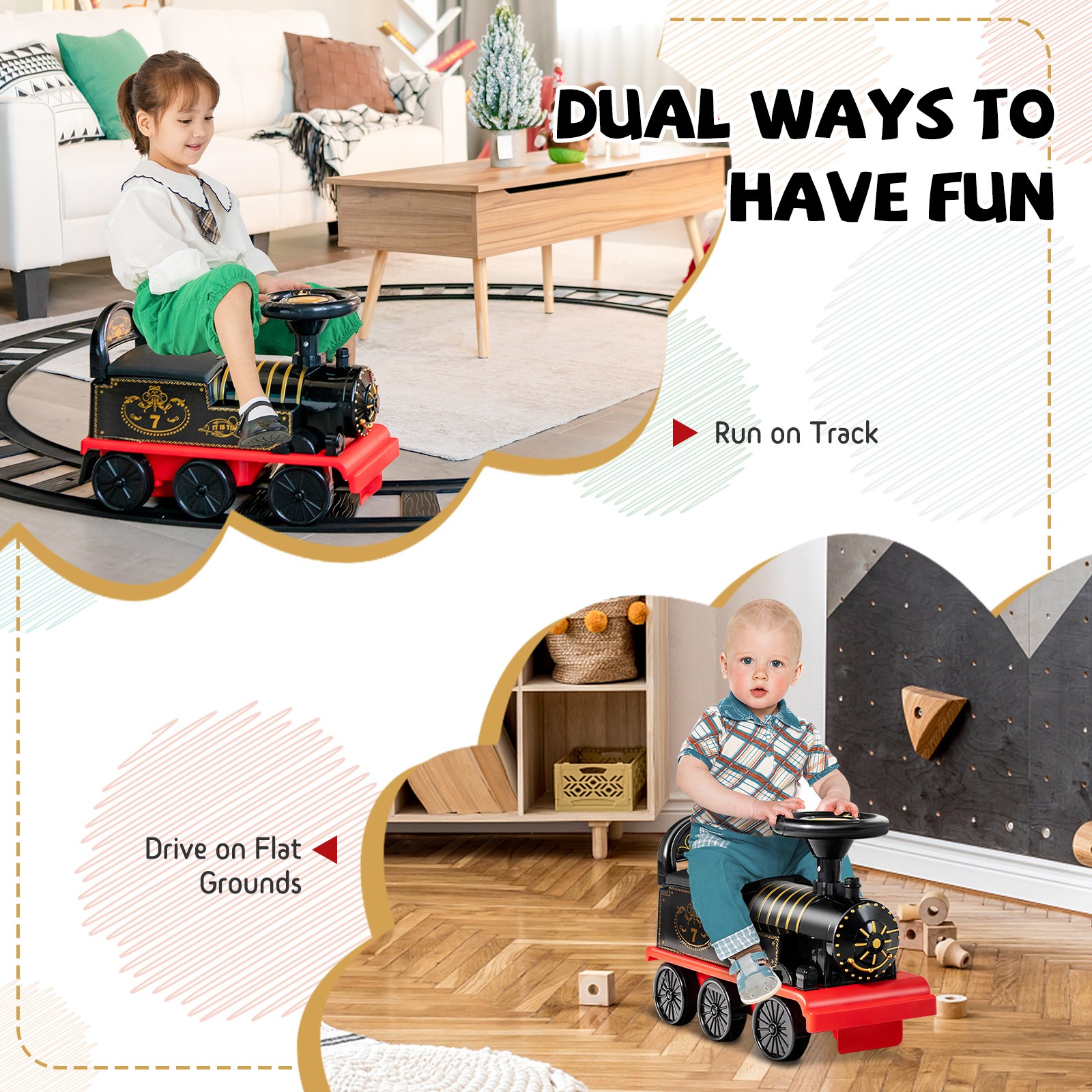 6V Electric Kids Motorized Train Toy with Unique Train Outlook & Stickers Black