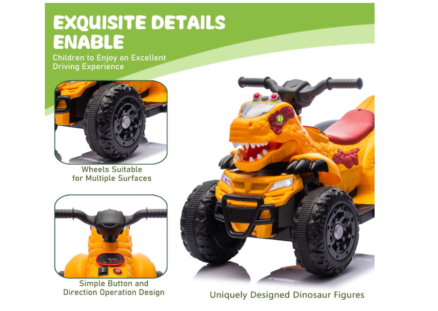 12V Dinosaur Ride-On ATV for Kids, Electric 4 Wheeler Quad Car w/ MUSIC,BT & LED