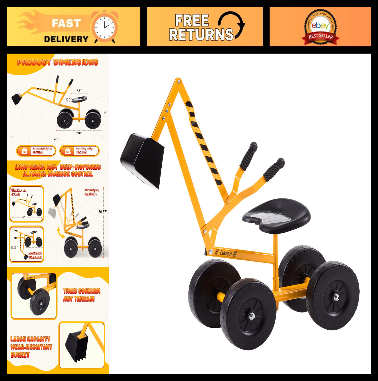 Ride-On Sand Digger Excavator Toy with 360° Rotating Seat & 8″ Wheels – Yellow
