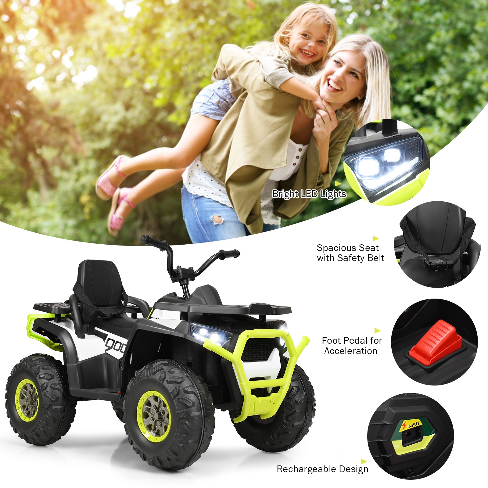 12V Kids Electric 4-Wheeler ATV Quad 2 Speeds Ride On Car w/MP3&LED Lights White