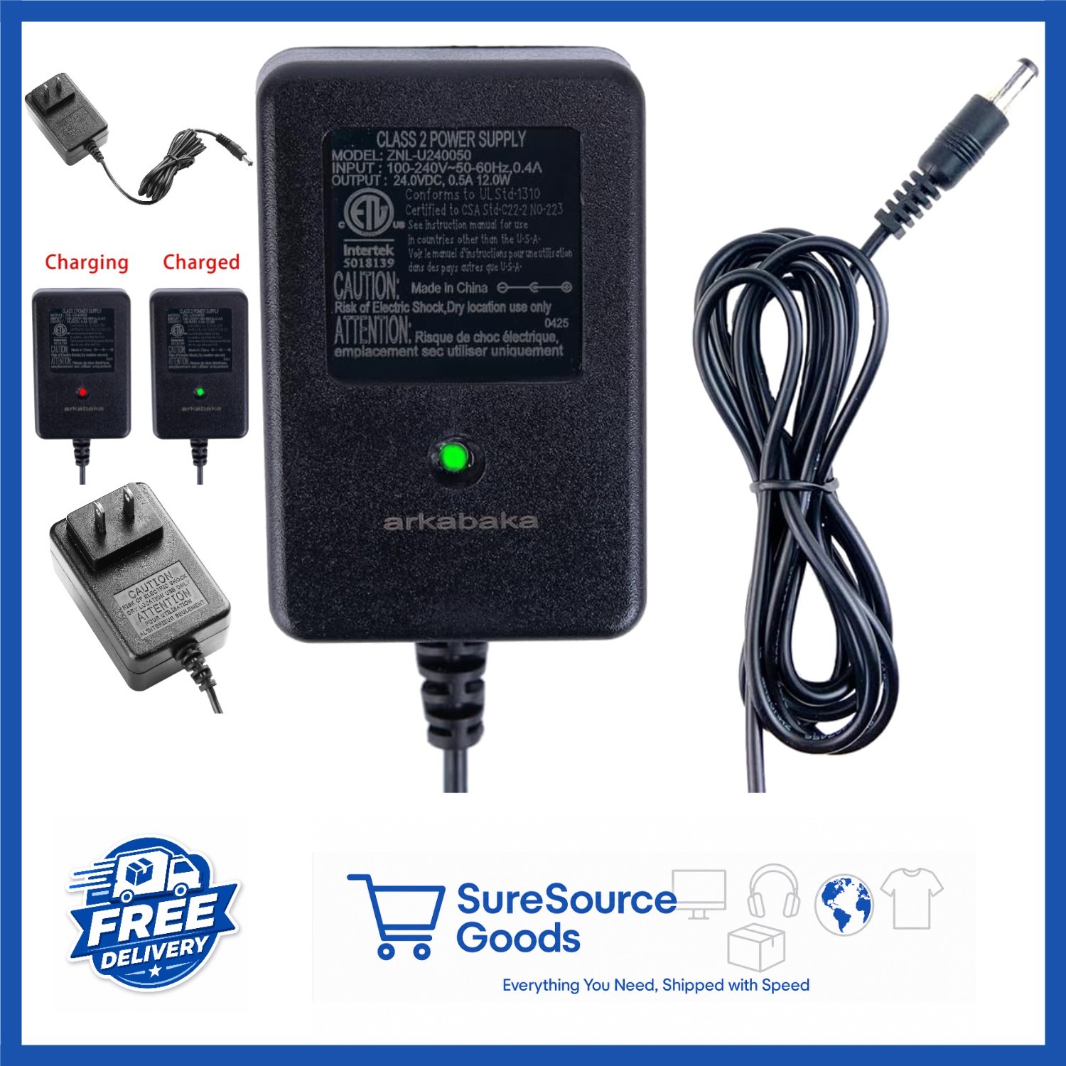 24V Battery Charger for Ride on Cars with 2 Pin Plug and Charging Indicator