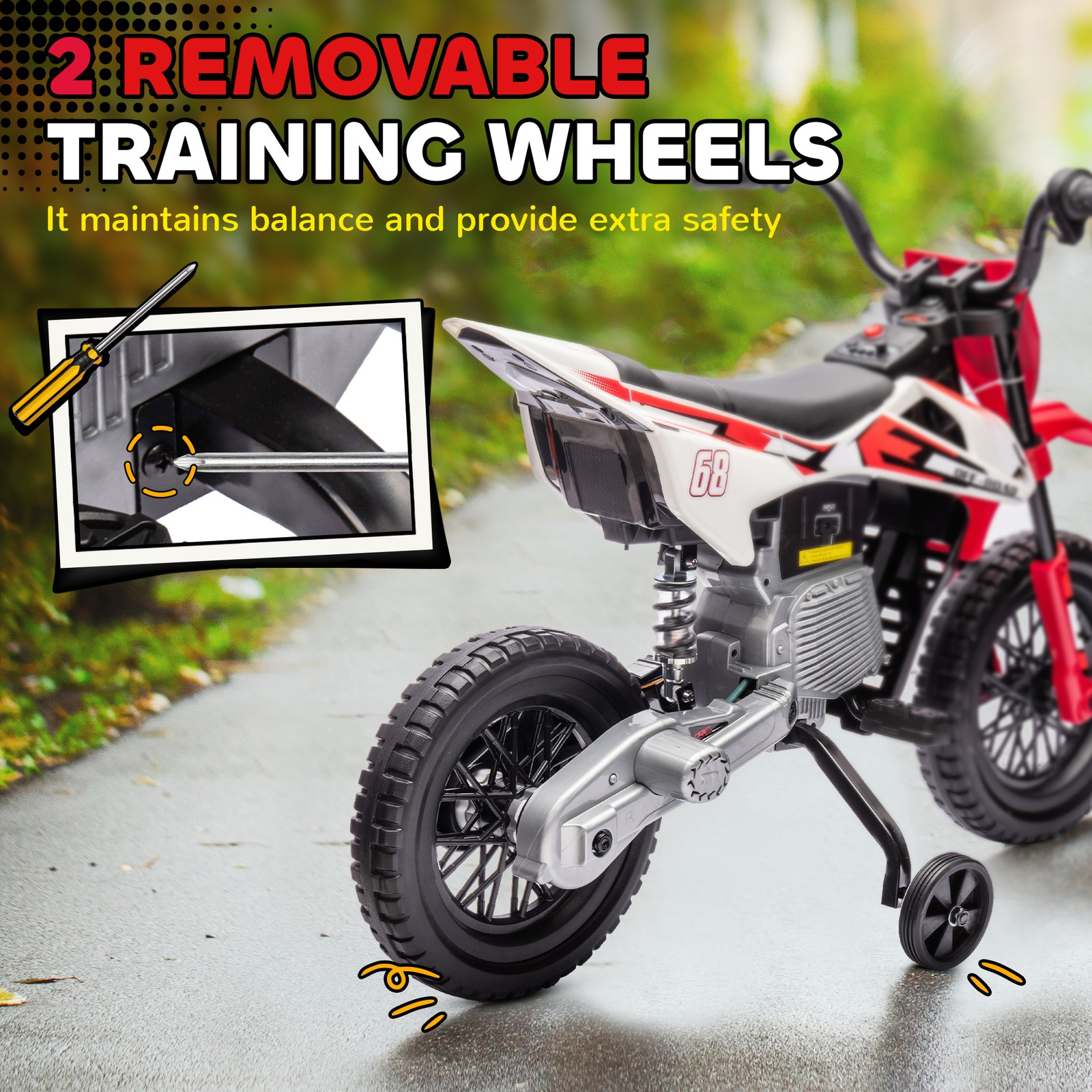 Qaba 12V Kids Electric Dirt Bike Motorcycle w/ Training Wheels Red