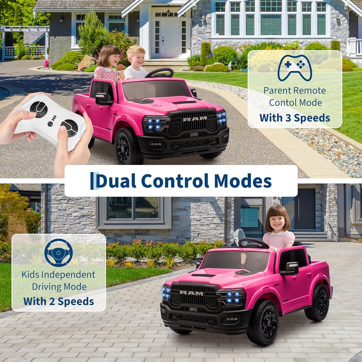 2 Seater Electric Car for Kids 24V Ride on Truck Toys Licensed RAM 2500 for Kids