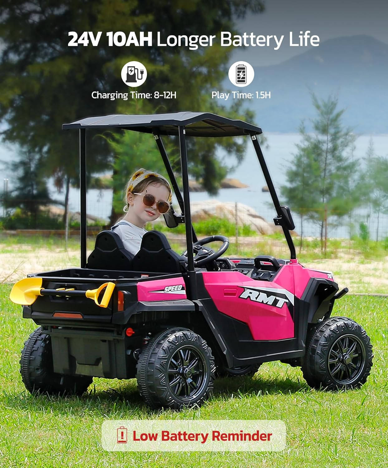 24V Ride on Toy for Big Kid,Ride on Car 2 Seater W/Sun Shade,Dump Bed & Shovel,4