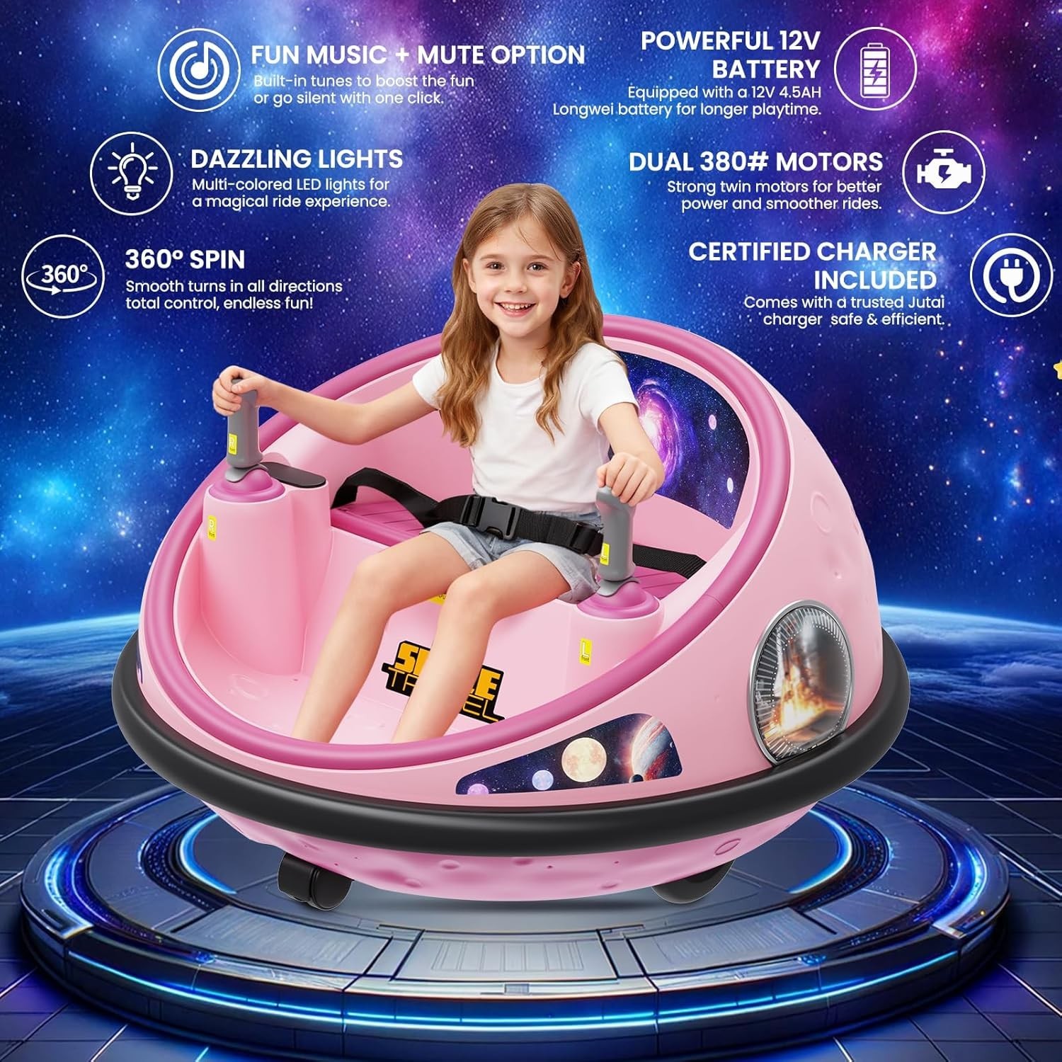 12V Electric Toddler Ride On Bumper Car Toy 360 Spin Remote Control LED Lights