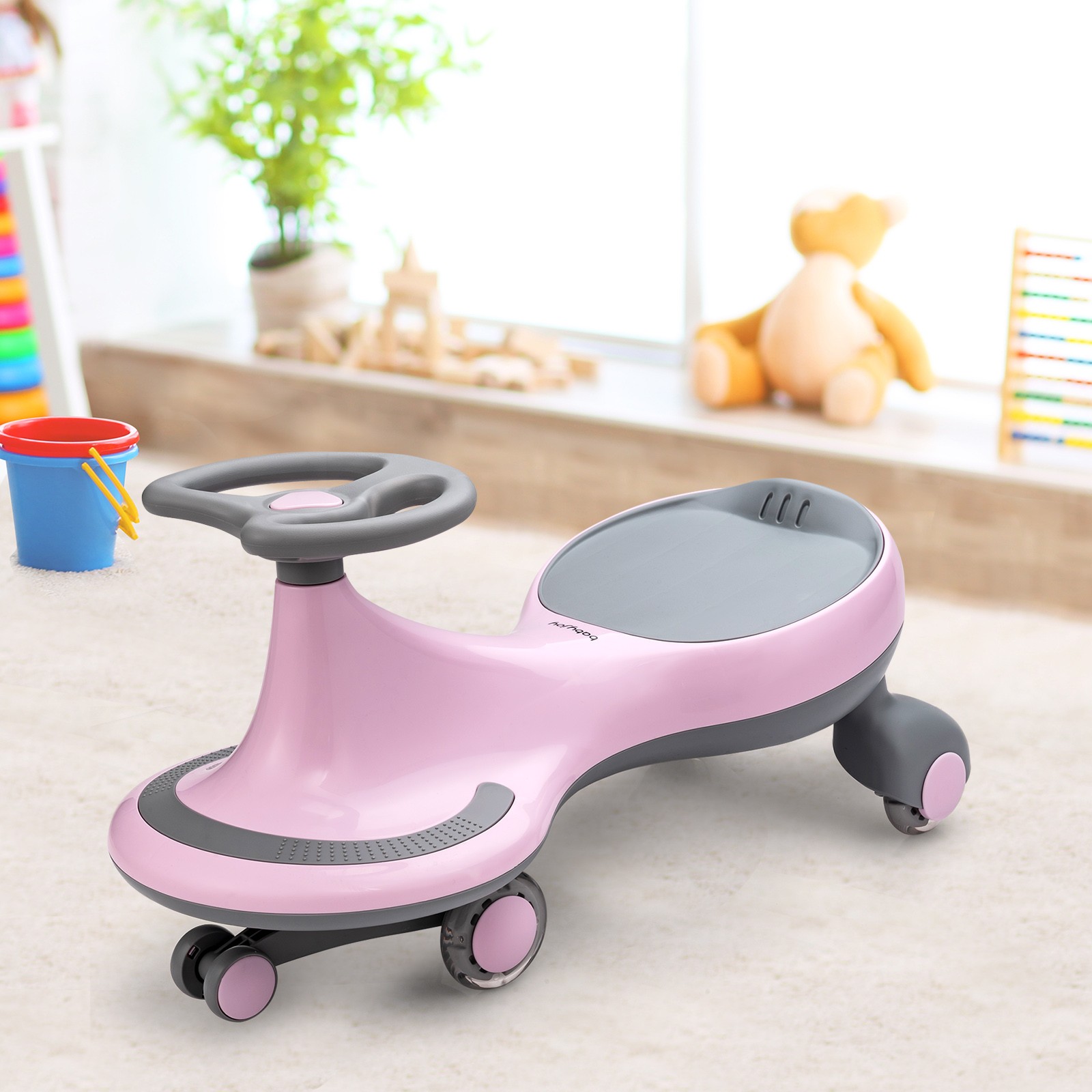 Wiggle Car Ride-on Toy w/ Flashing Wheels for Toddlers & Kids Pink