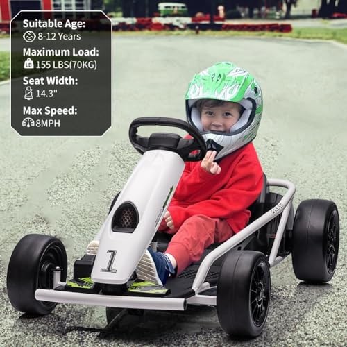 24V Go Kart for Kids 8-12 Years, 300W*2 Extra Powerful Classic-Version White