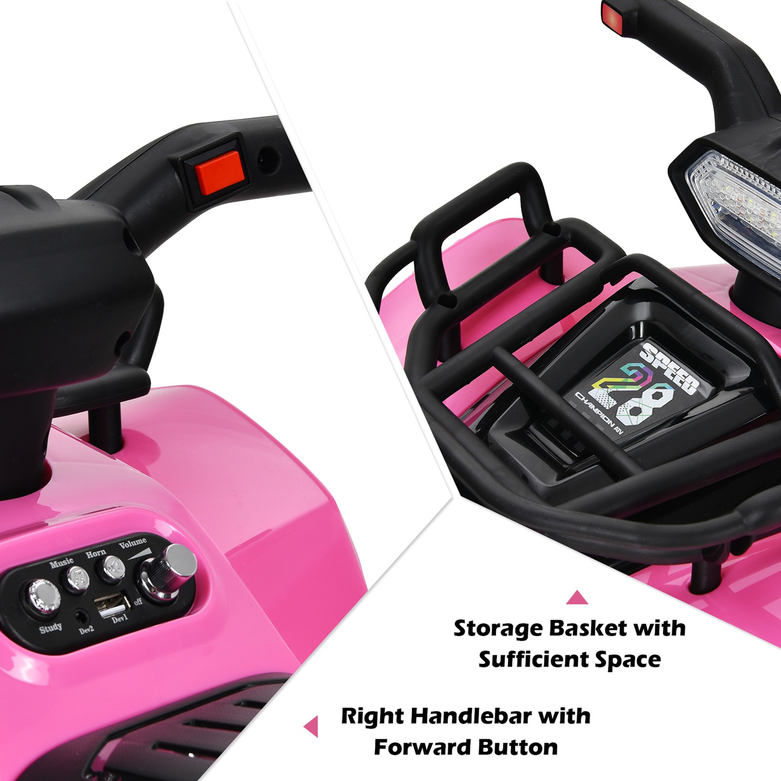 6V 4 Wheels ATV Quad Ride On Car Kids Ride-On Toy w/ Music Horn LED Light Pink
