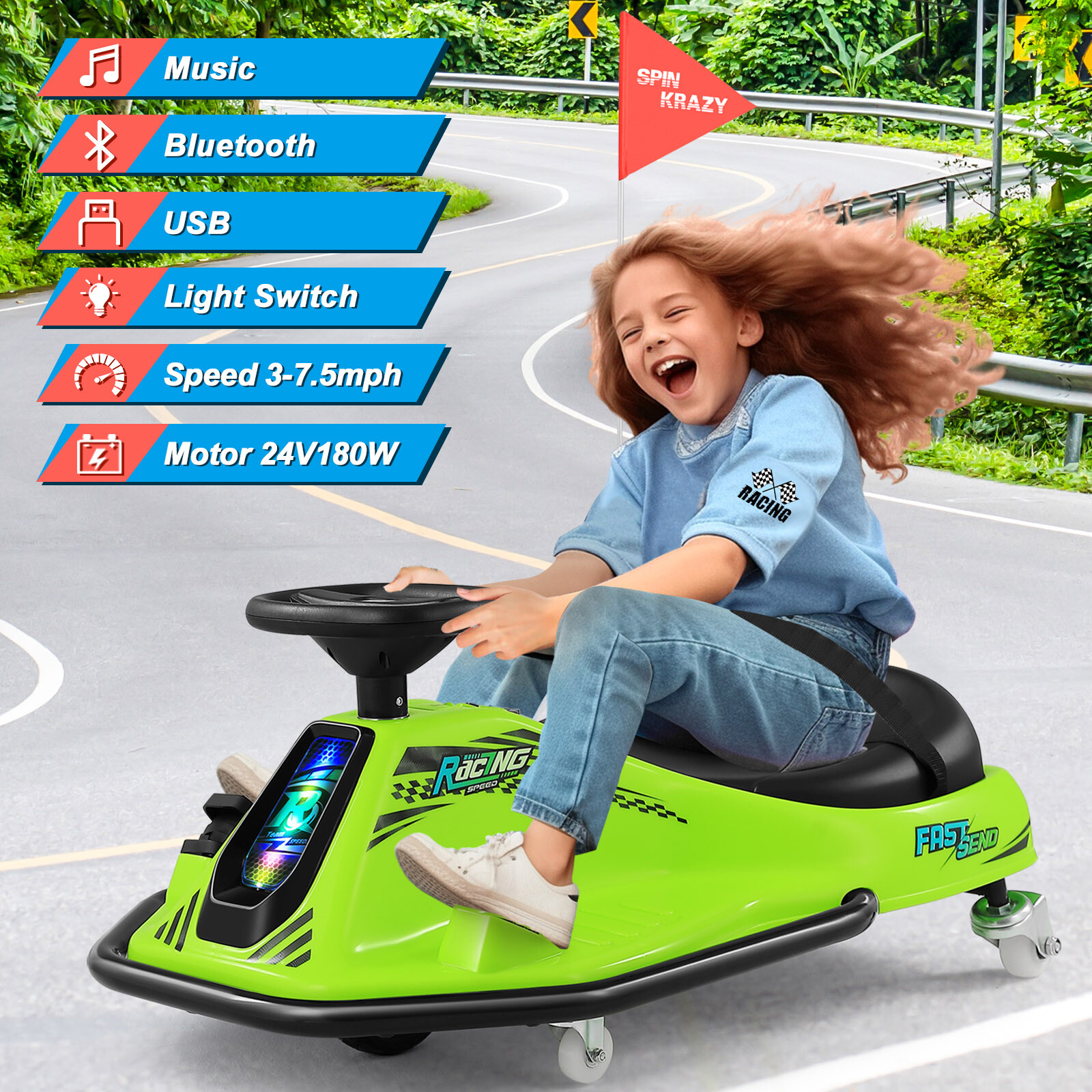 360° 24V Kids Electric Drifting Go Kart Ride On Cart with Bluetooth (Green)