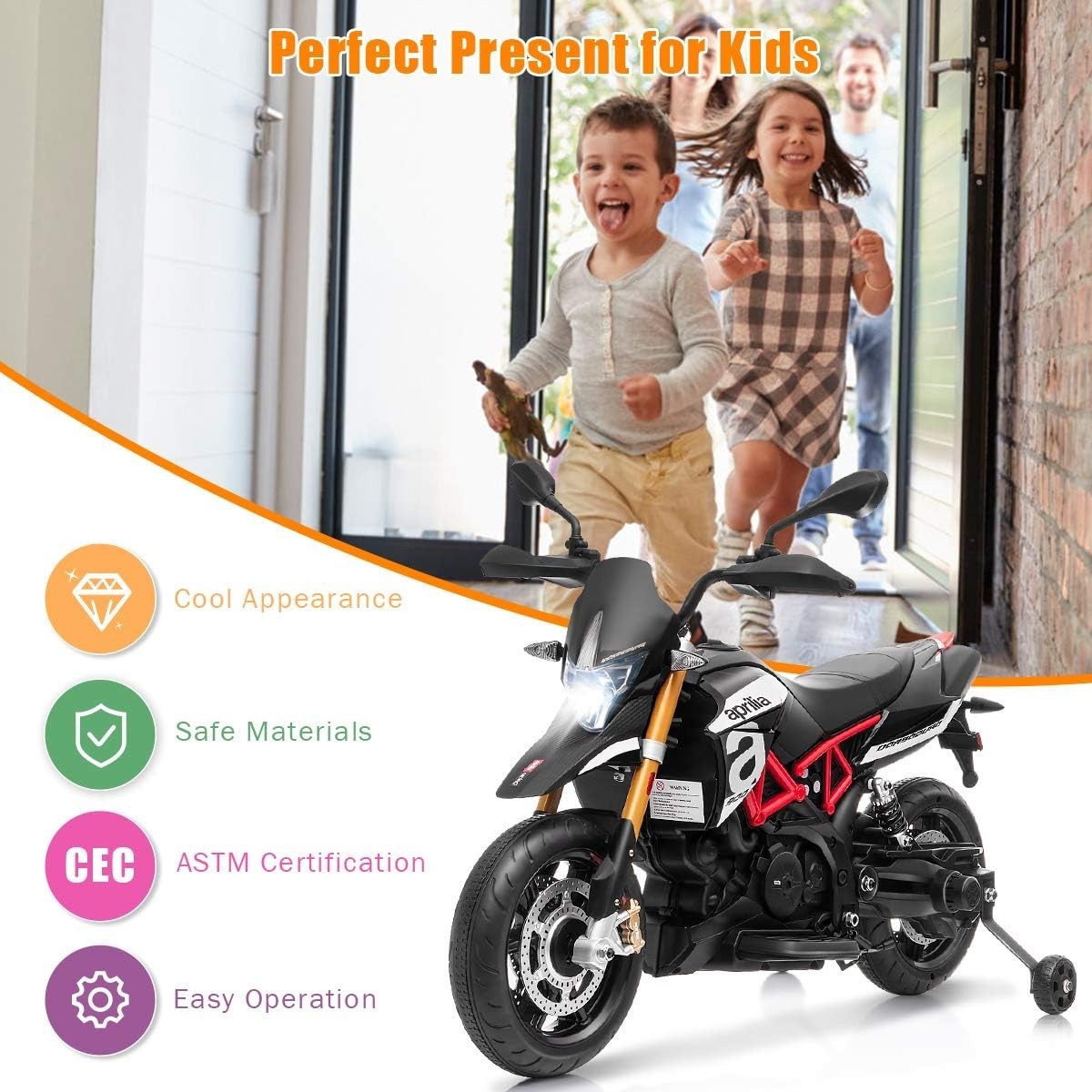 Aprilia Electric Motorcycle for Kids – Safe Ride-On Toy with Training Wheels