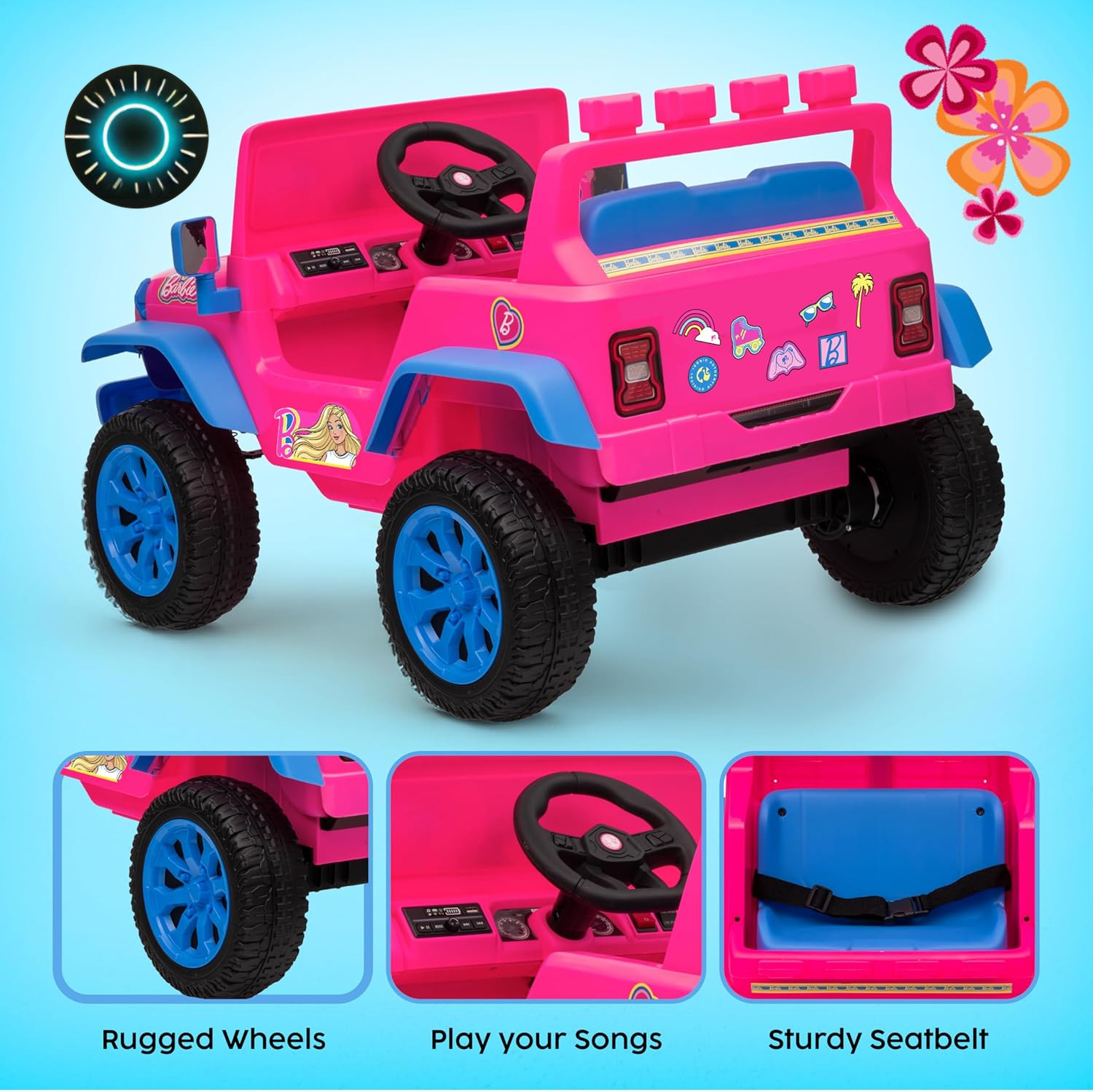 Barbie 12V Kids Ride-On Jeep with Rechargeable Battery LED Headlights Press NEW