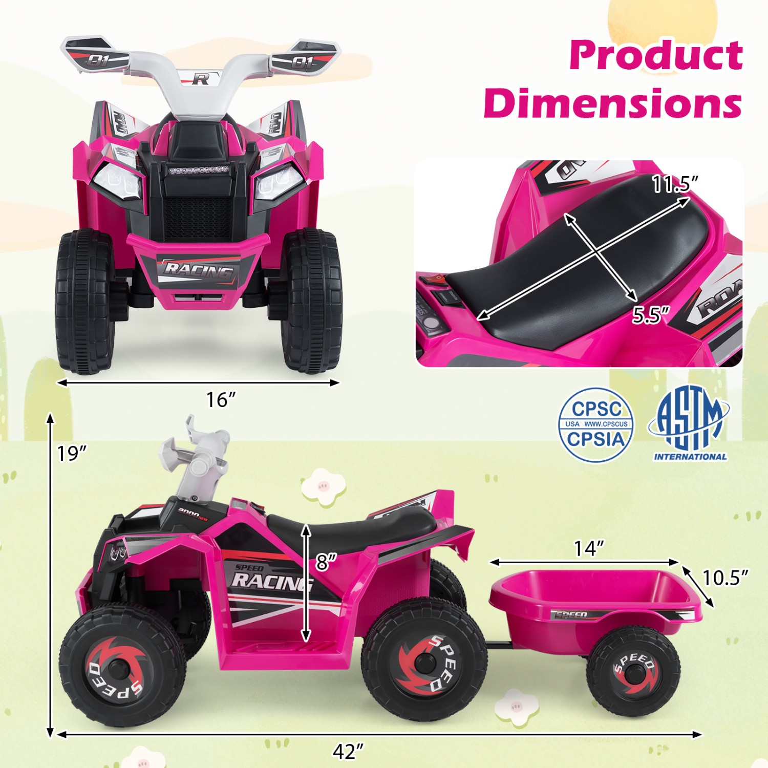 6V Kids Electric ATV Quad Car w/ Detachable Trailer Rose Red Ride On Toy Power