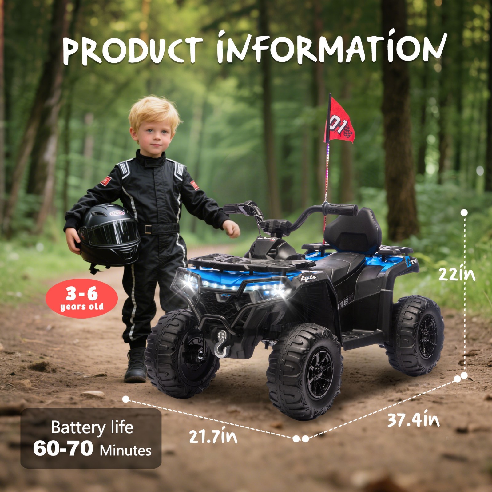 24V Kids Electric ATV 4 Wheeler Quad Car Off-Road Ride-On Toy for Ages 3-6,Blue