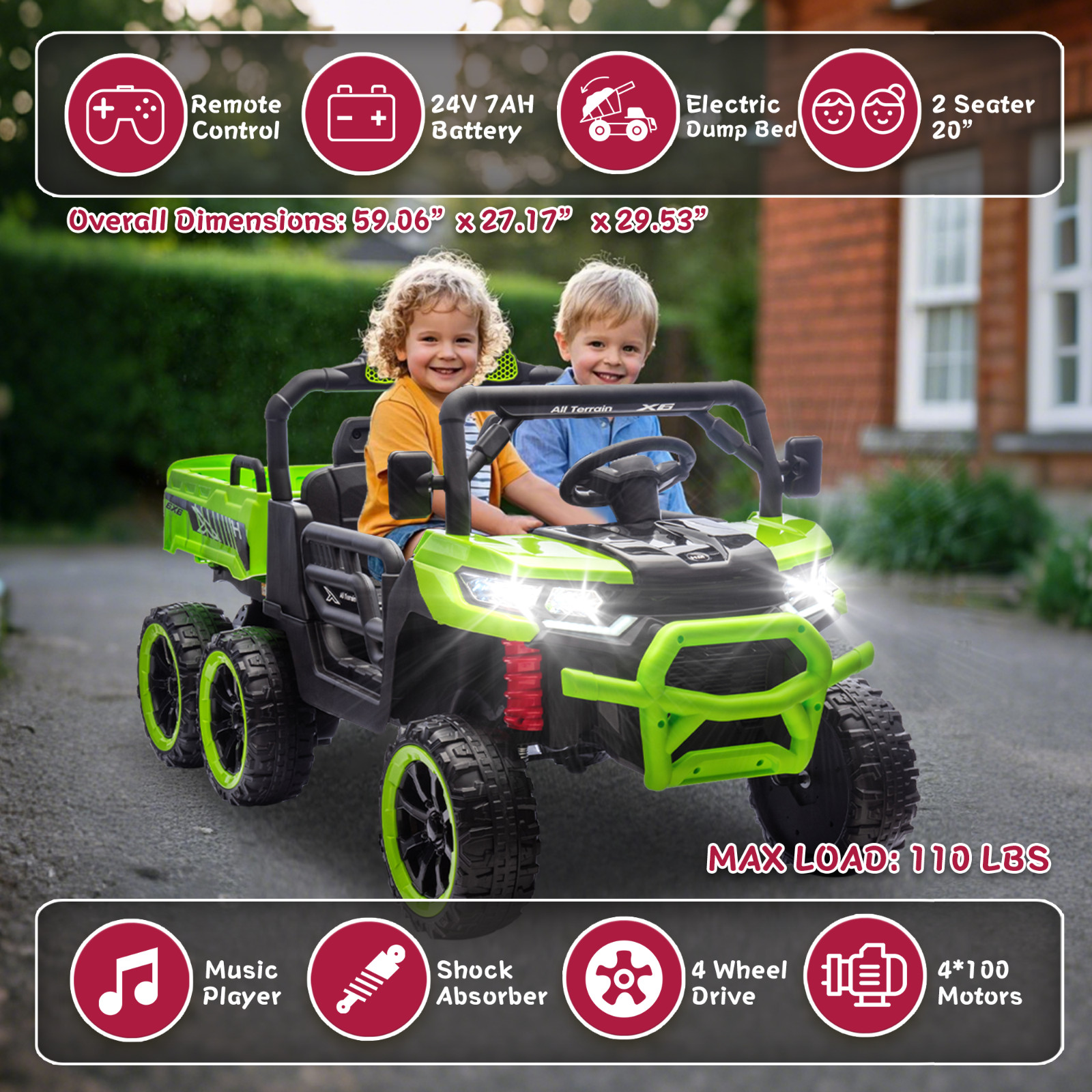 24V Kids Ride on Electric Car UTV w/Remote, LED,Battery Power Wheels Truck,Green