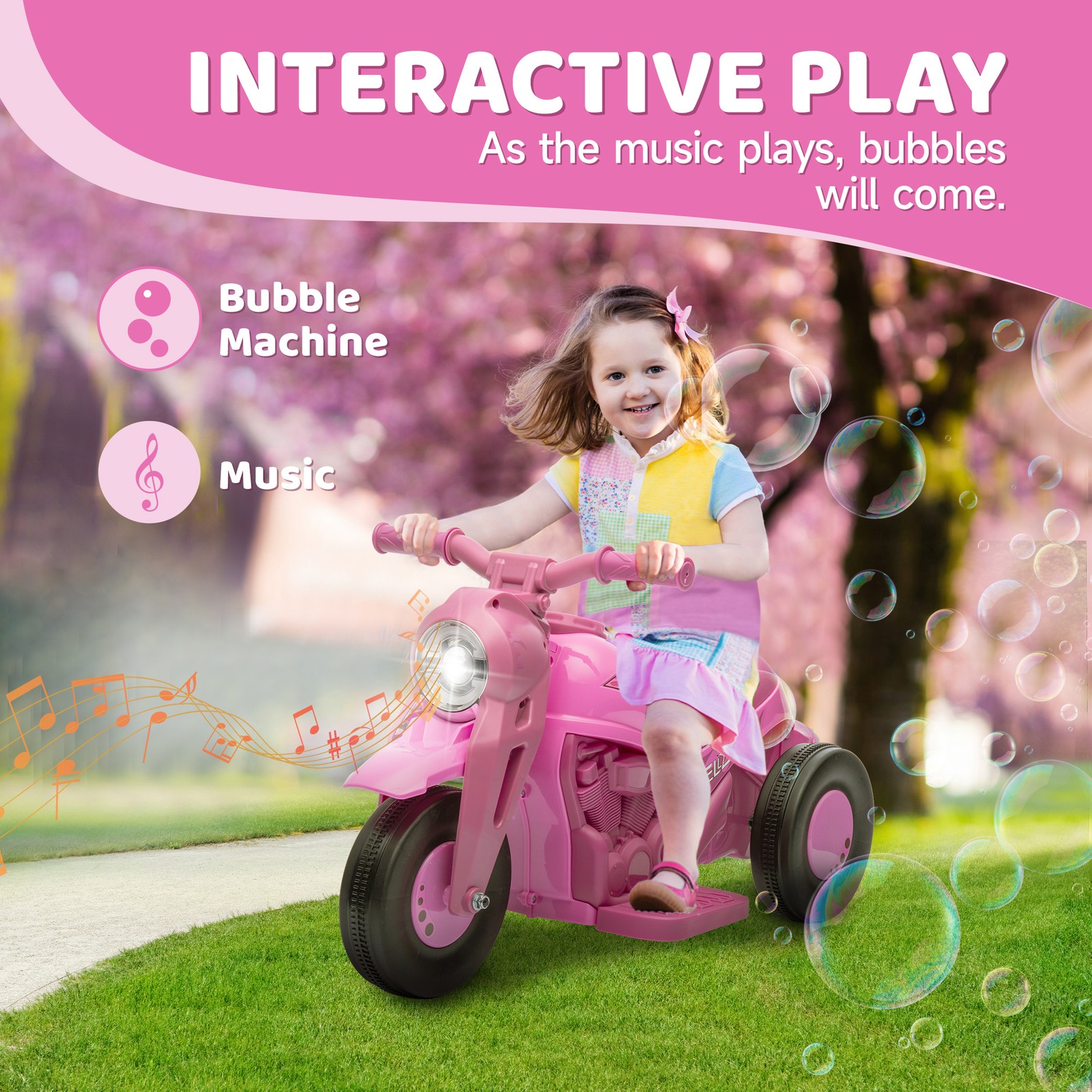 Ride on Motorcycle, 6V Ride on Bubble Car w/ Music, Pink