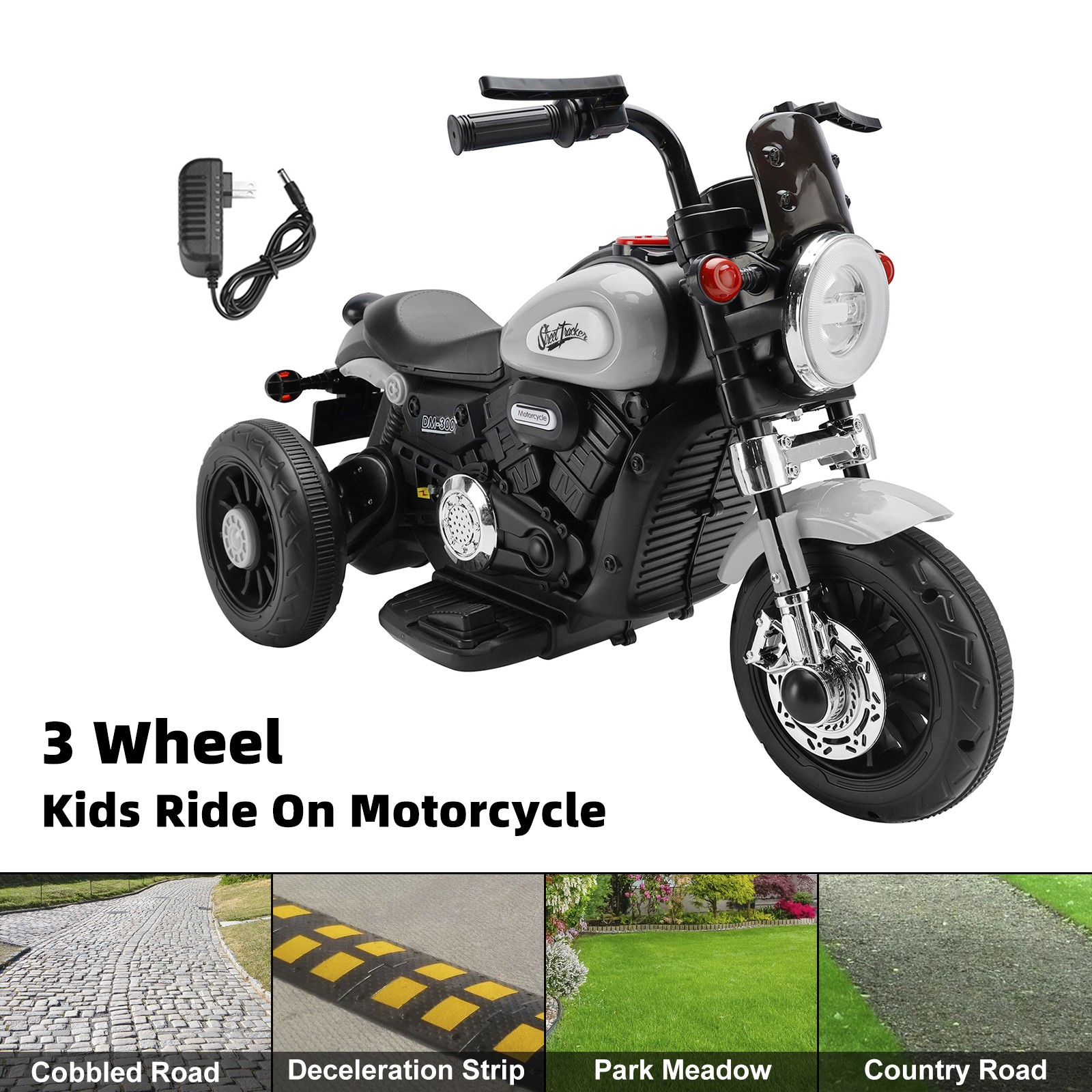 3 Wheel Kids Ride On Motorcycle 6V Powered Electric Dual Drive Toy Car Gray🏍️