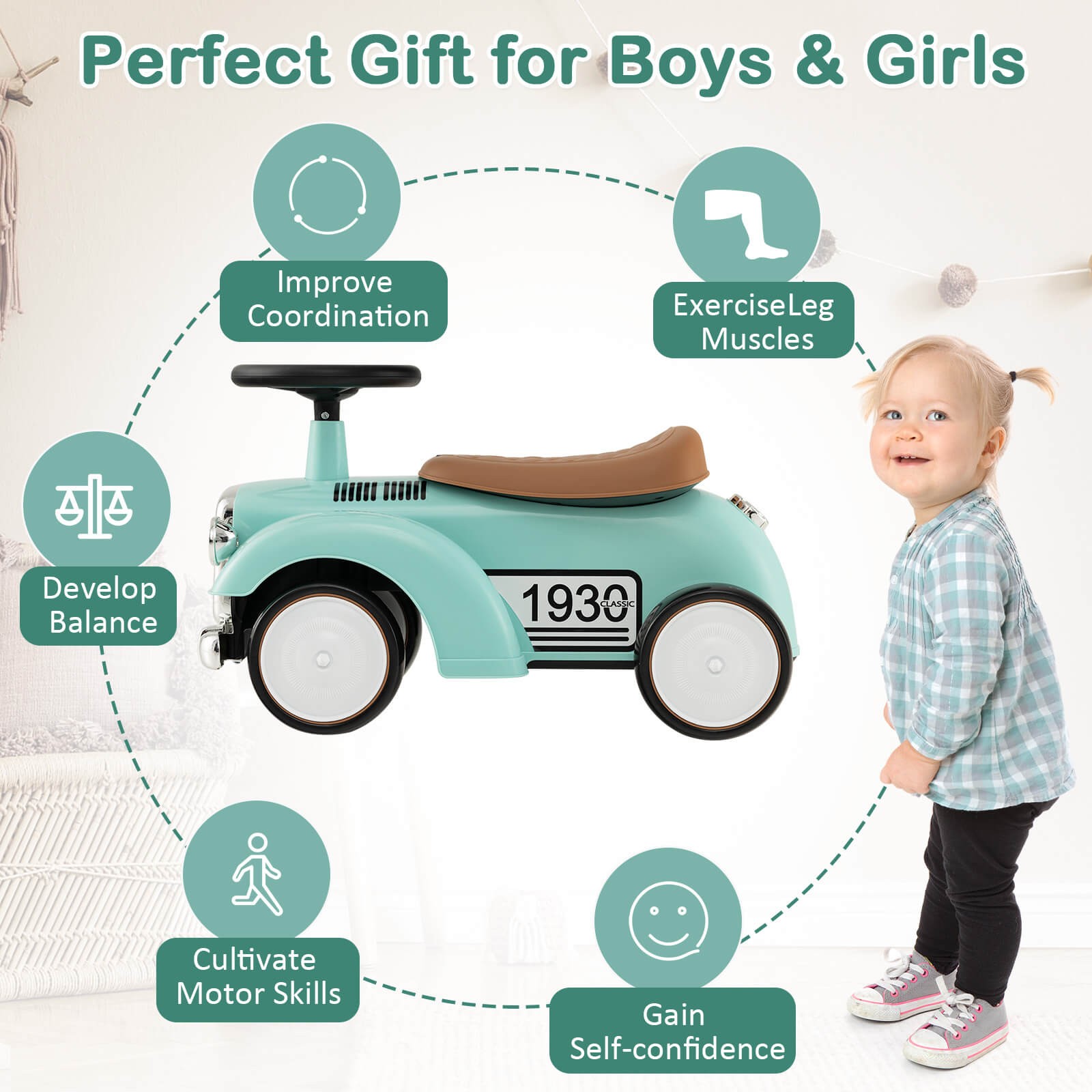 Retro Kids Ride-on Toy w/ Working Steering Wheel, Storage Space, DIY Stickers