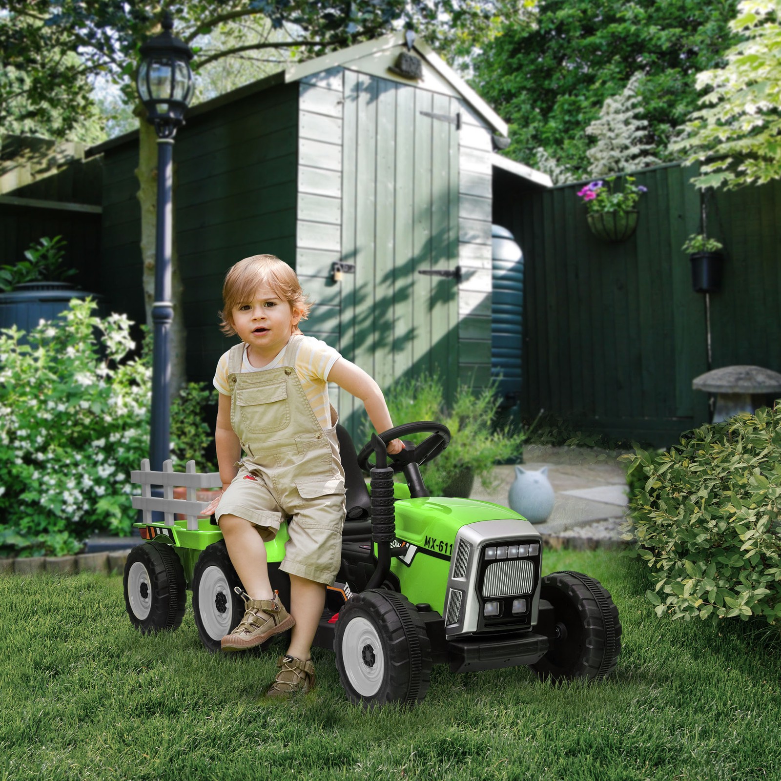 12V Electric Ride on Tractor with Trailer, 25W Dual Motors, Green