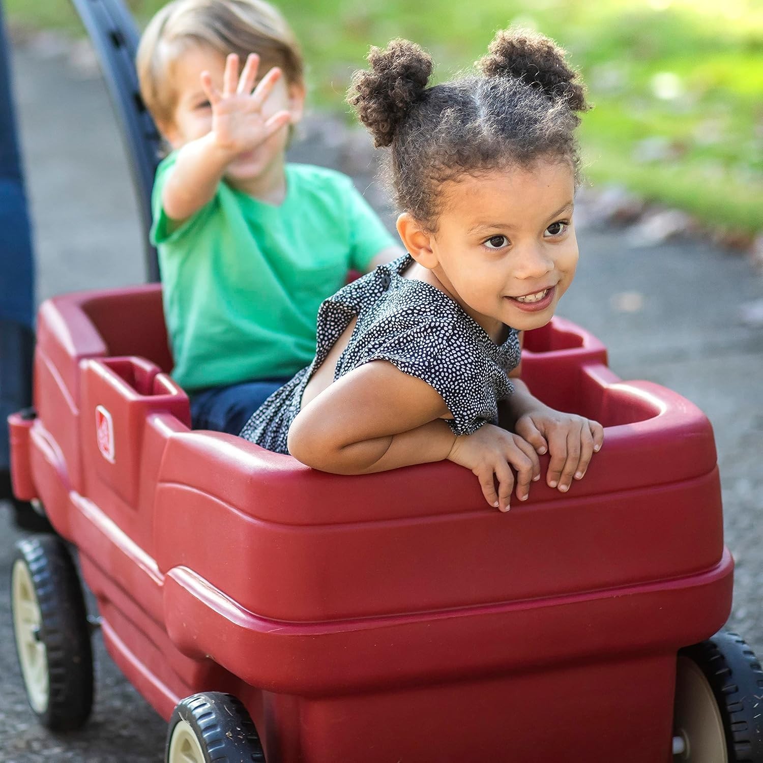 Stylish Red Wagon for Toddlers with Adjustable Seat Belts & Storage Features^-