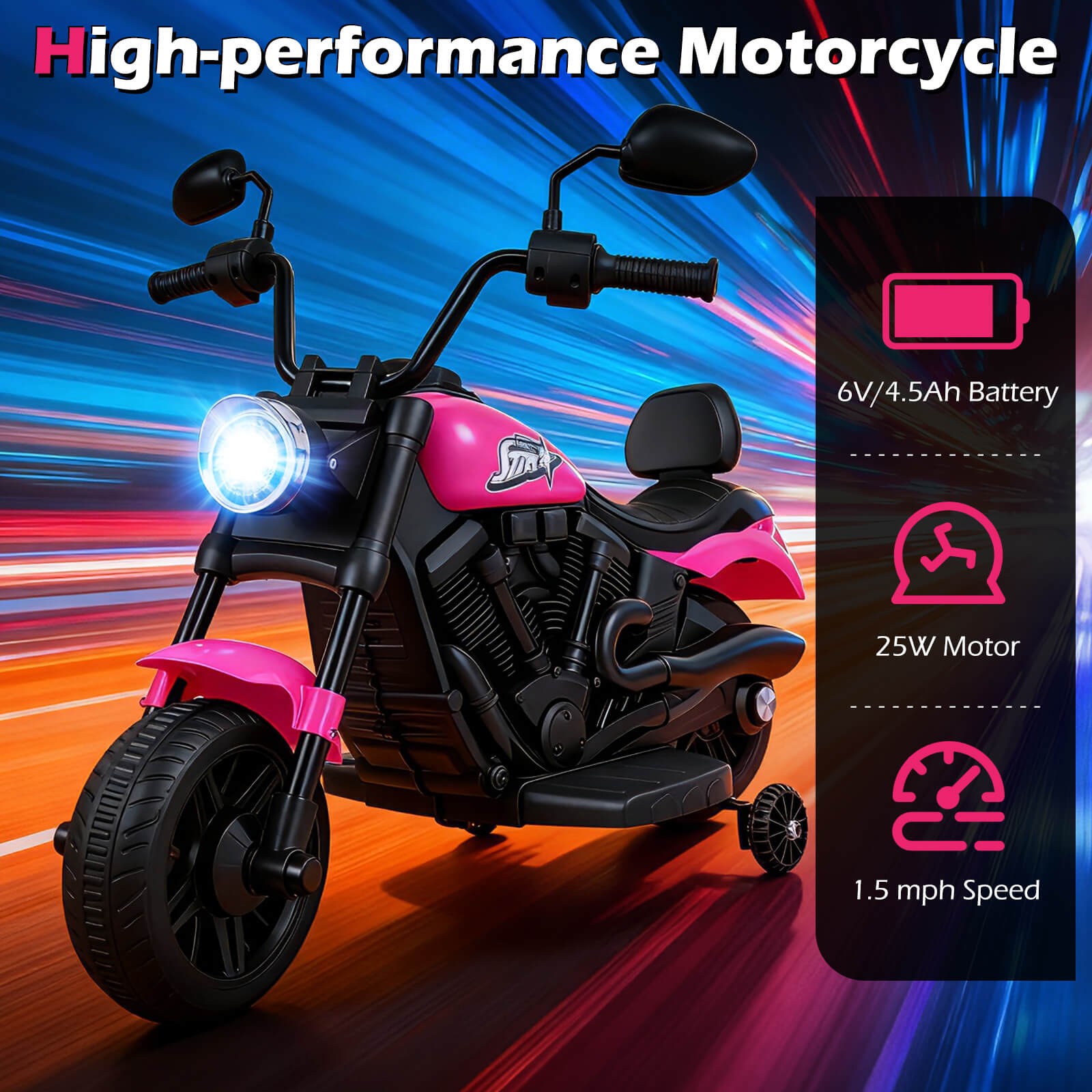 Kids Motorcycle w/Headlight, Music, Training Wheels, Foot Pedal for Boys Girls
