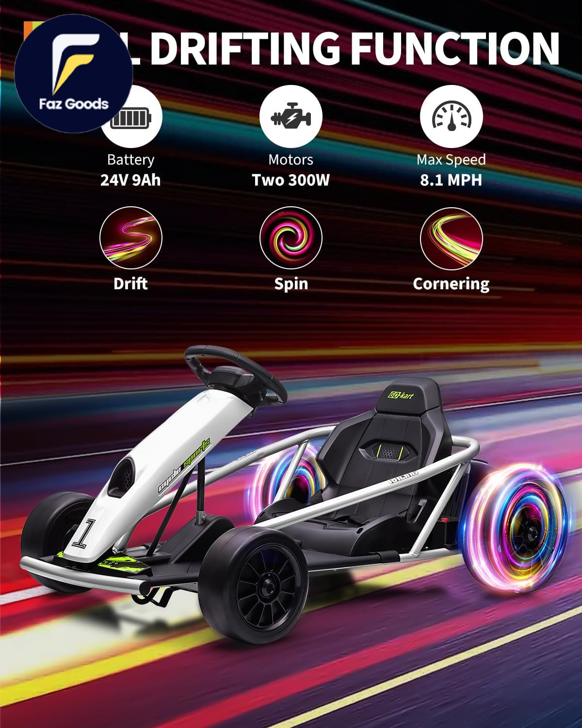 24V 9Ah Kids Ride on Go Kart Toy,High Speed 8.1MPH Drifting Car with Powerful