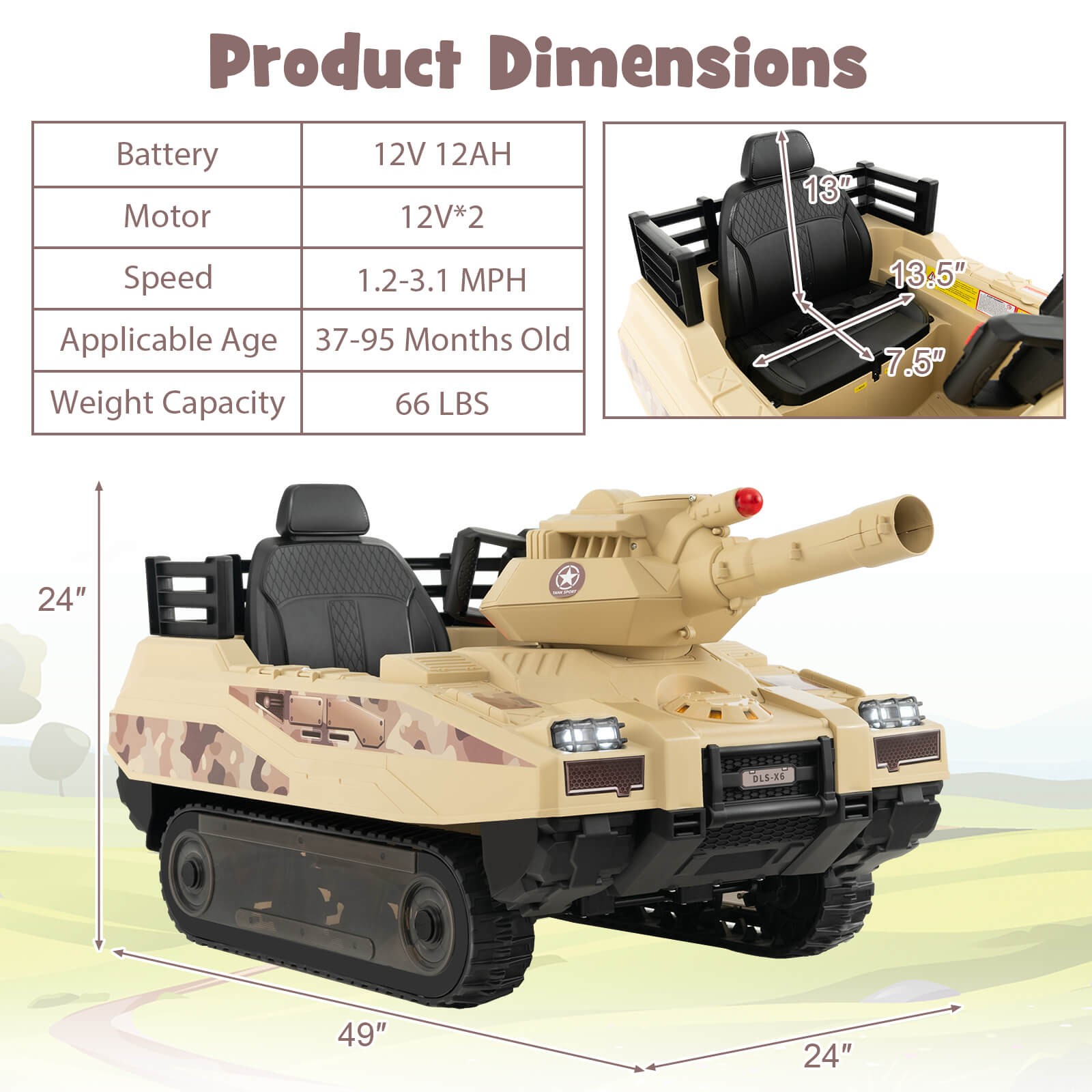 Electric Kids Ride On Tank with Rubber Tracks Rotatable Turret & Working Cannon