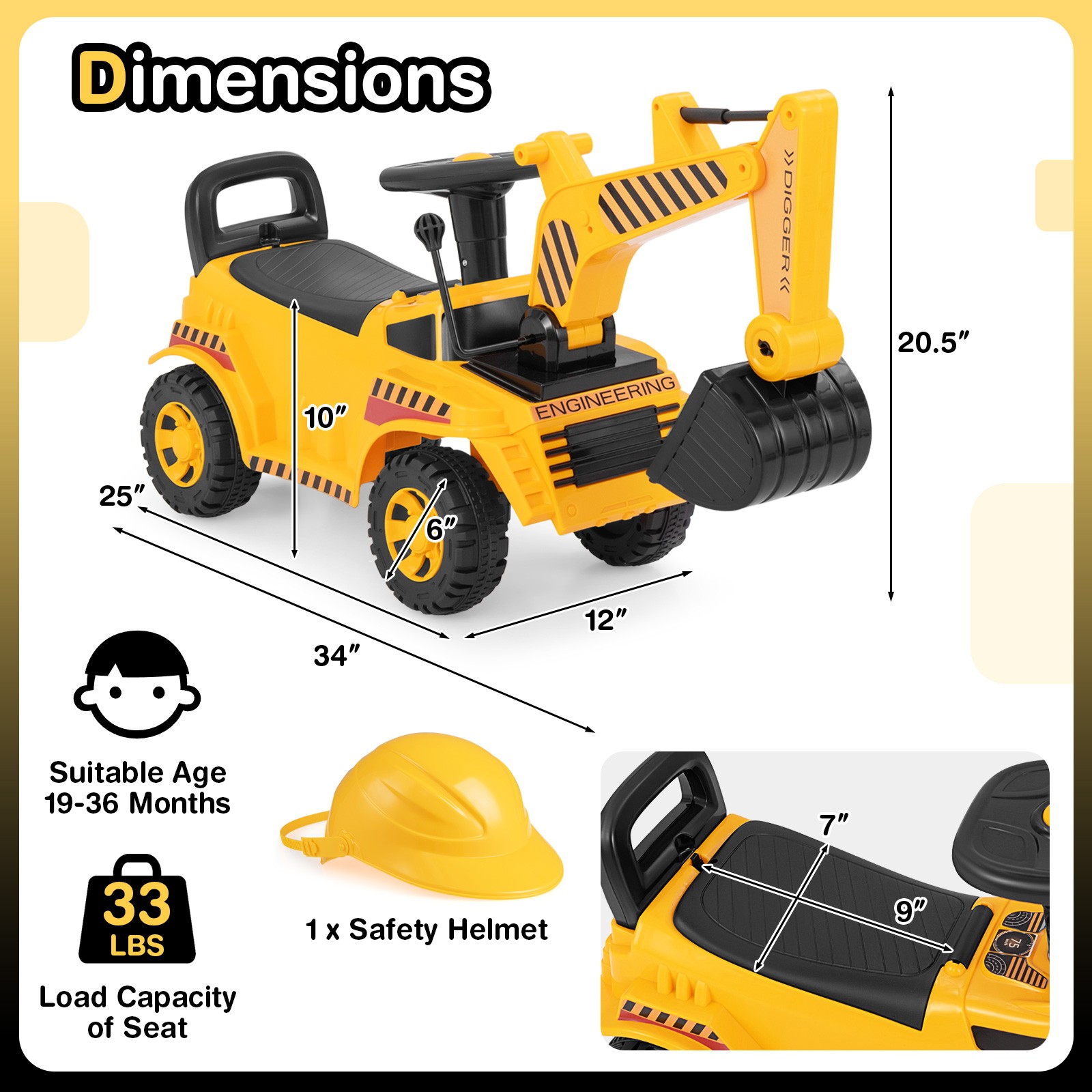 Kids Ride on Excavator Adjustable Shovel Yellow Toddler Digger Toy Power Car