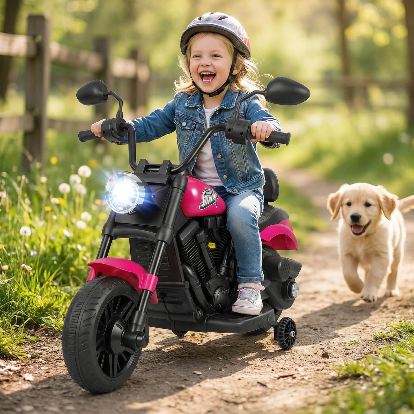 Kids Motorcycle w/Headlight, Music, Training Wheels, Foot Pedal for Boys Girls