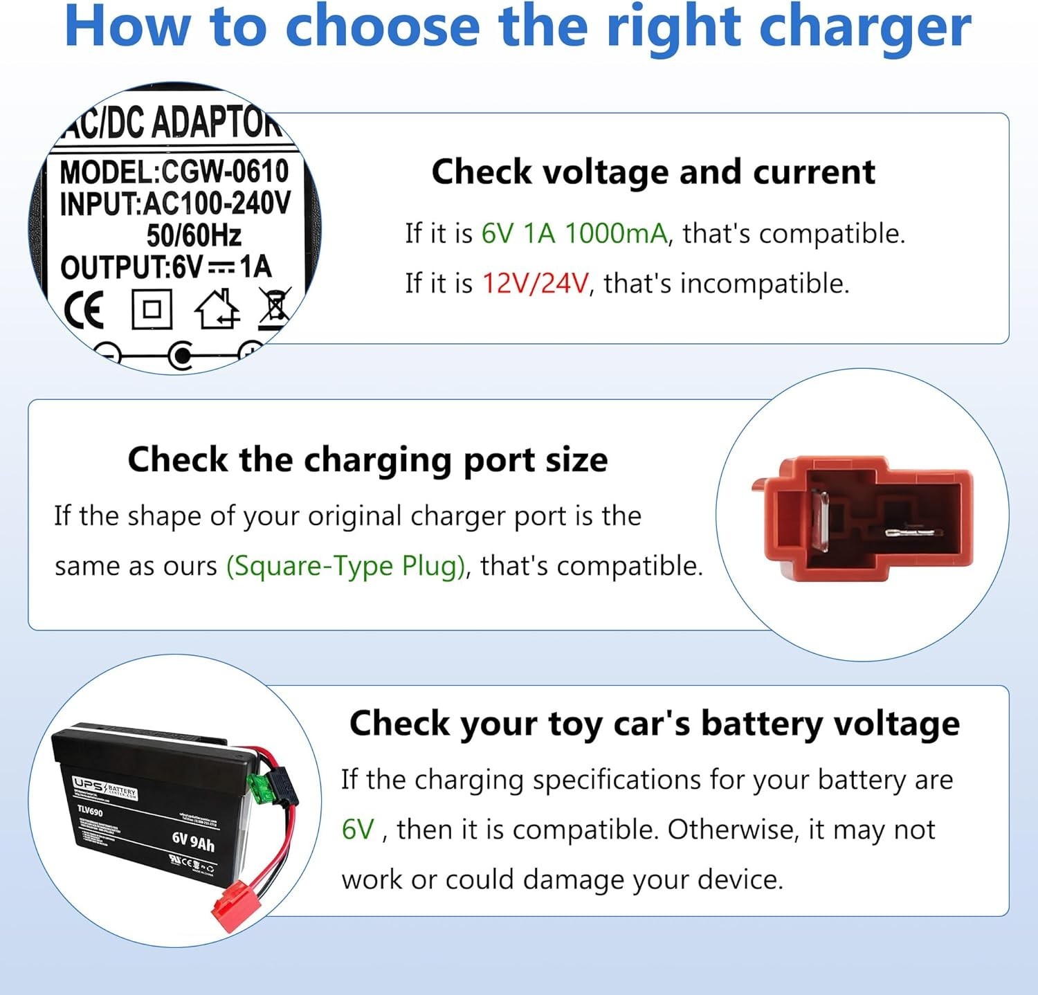 6V Battery Charger for Ride On Toys Car, Compatible with BMX X6, Kid TRAX GMC…