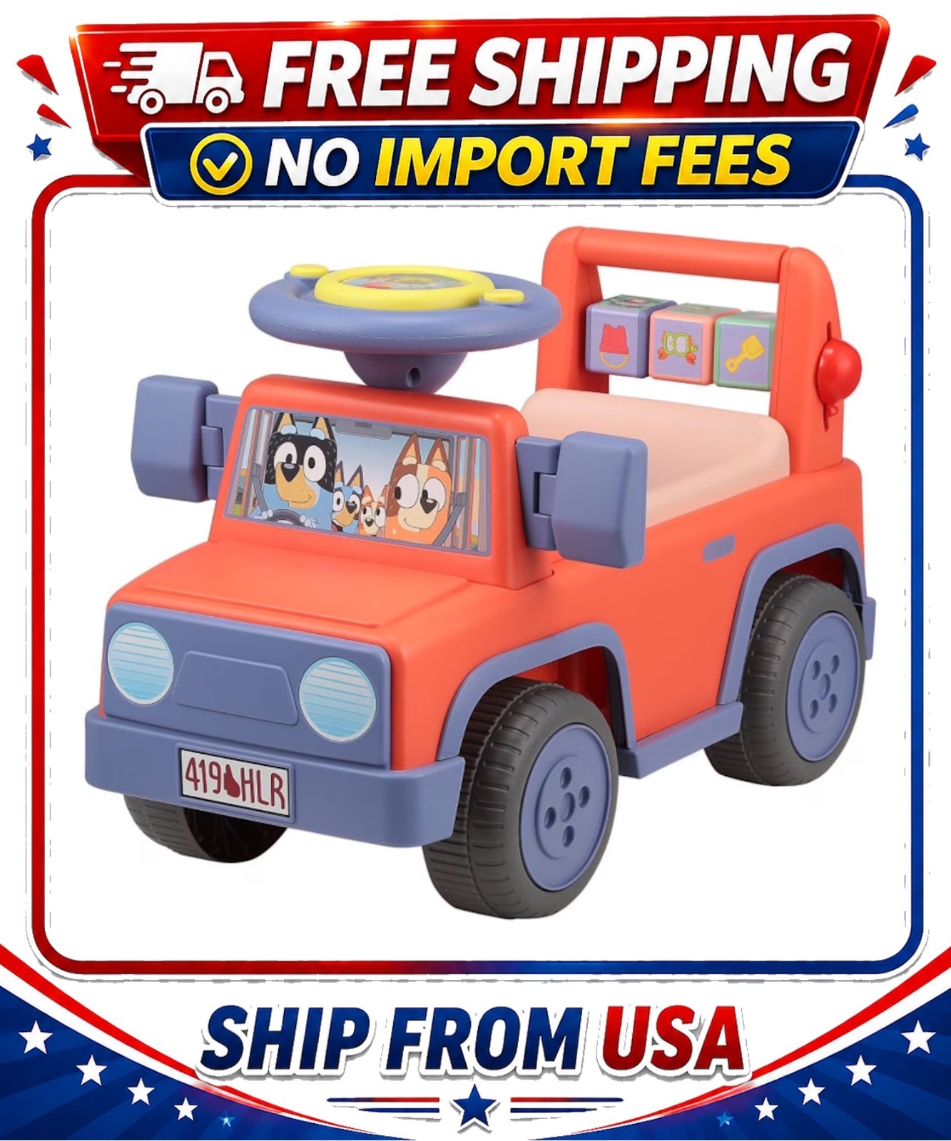 Bluey Licensed Interactive Ride-On Push Car for Boys and Girls, Foot-to-Floor