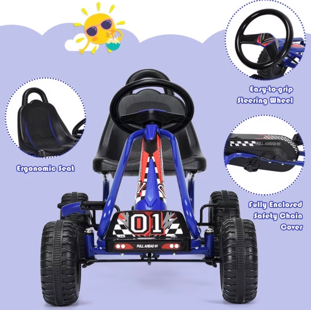 Pedal Go Kart, 4-Wheel Pedal Powered Ride On with Adjustable Seat, Handbrake