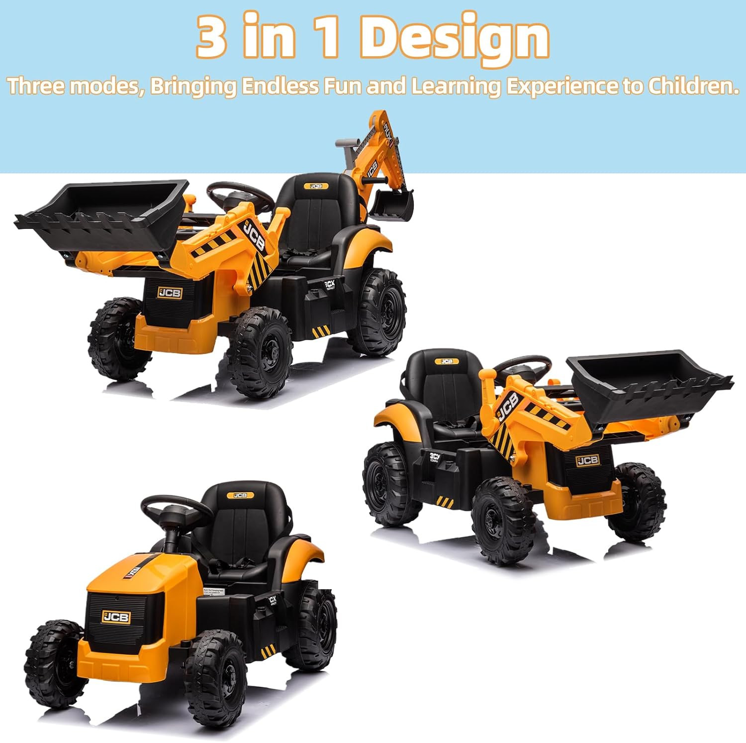 24V JCB Ride on Excavator for Kids, 3-In-1 Ride on Backhoe Digger with Front Loa