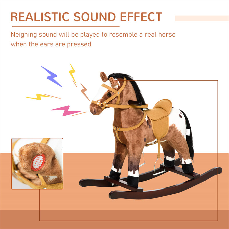 Kids Metal Plush Ride-On Rocking Horse Chair Toy w/ Sounds – Dark Brown/White