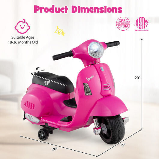 Kids Ride on Motorcycle Licensed Vespa with LED Headlight and Horn Sound-Pink –