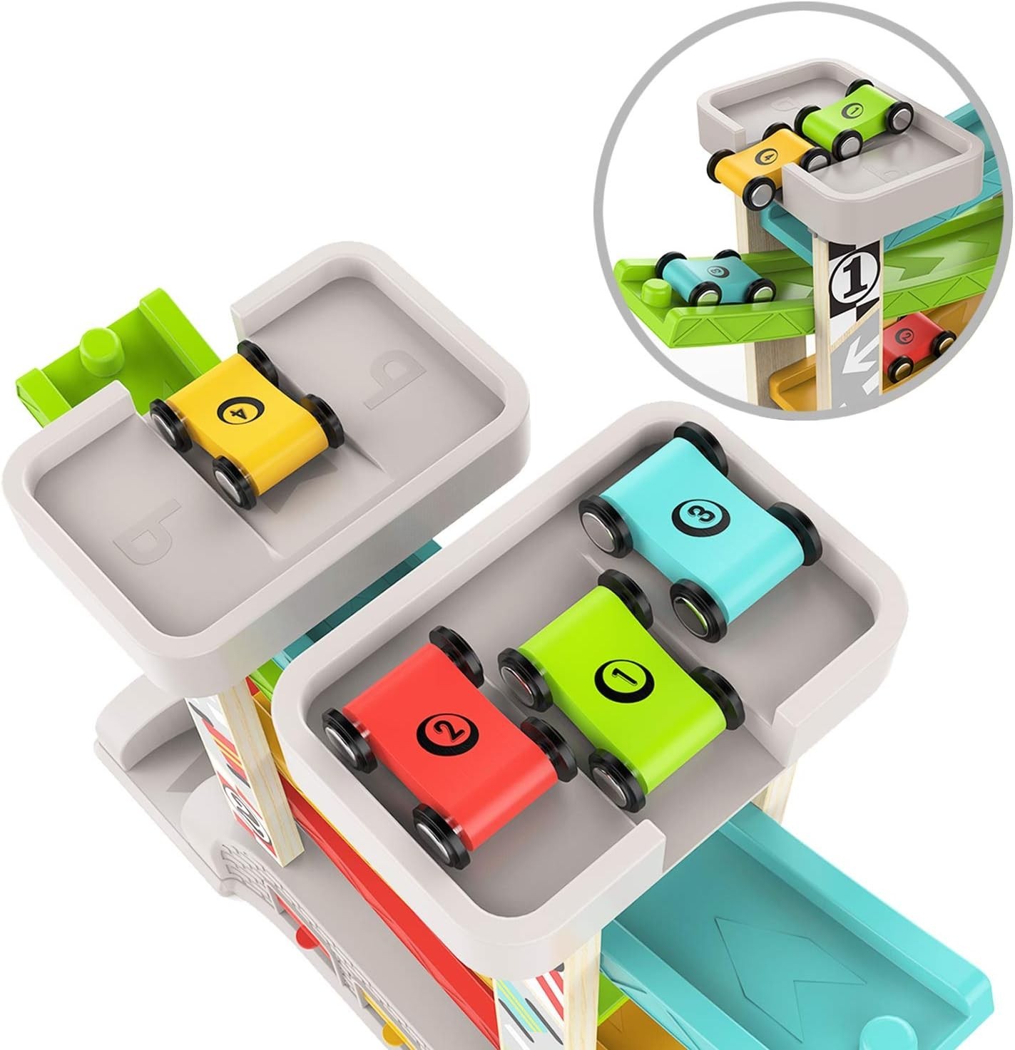 Safe and Compact Toddler Race Track Toy Set with 3 Car Garage – Ages 18 +