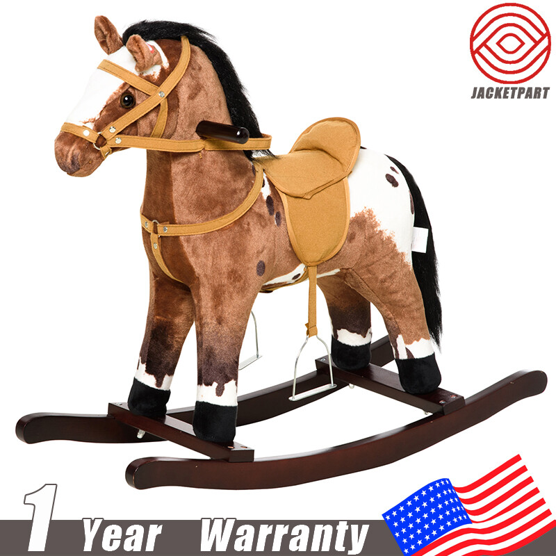 Kids Metal Plush Ride-On Rocking Horse Chair Toy w/ Sounds – Dark Brown/White