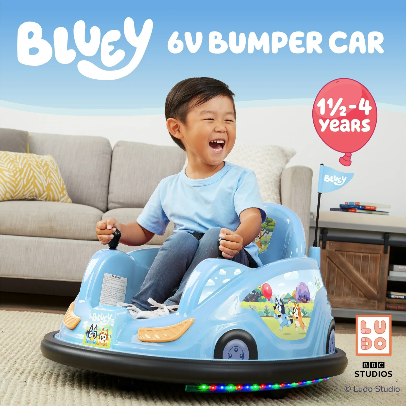 Bluey 6V Battery-Powered Bumper Car Ride-On, Ages 18-48 Months, Light Blue